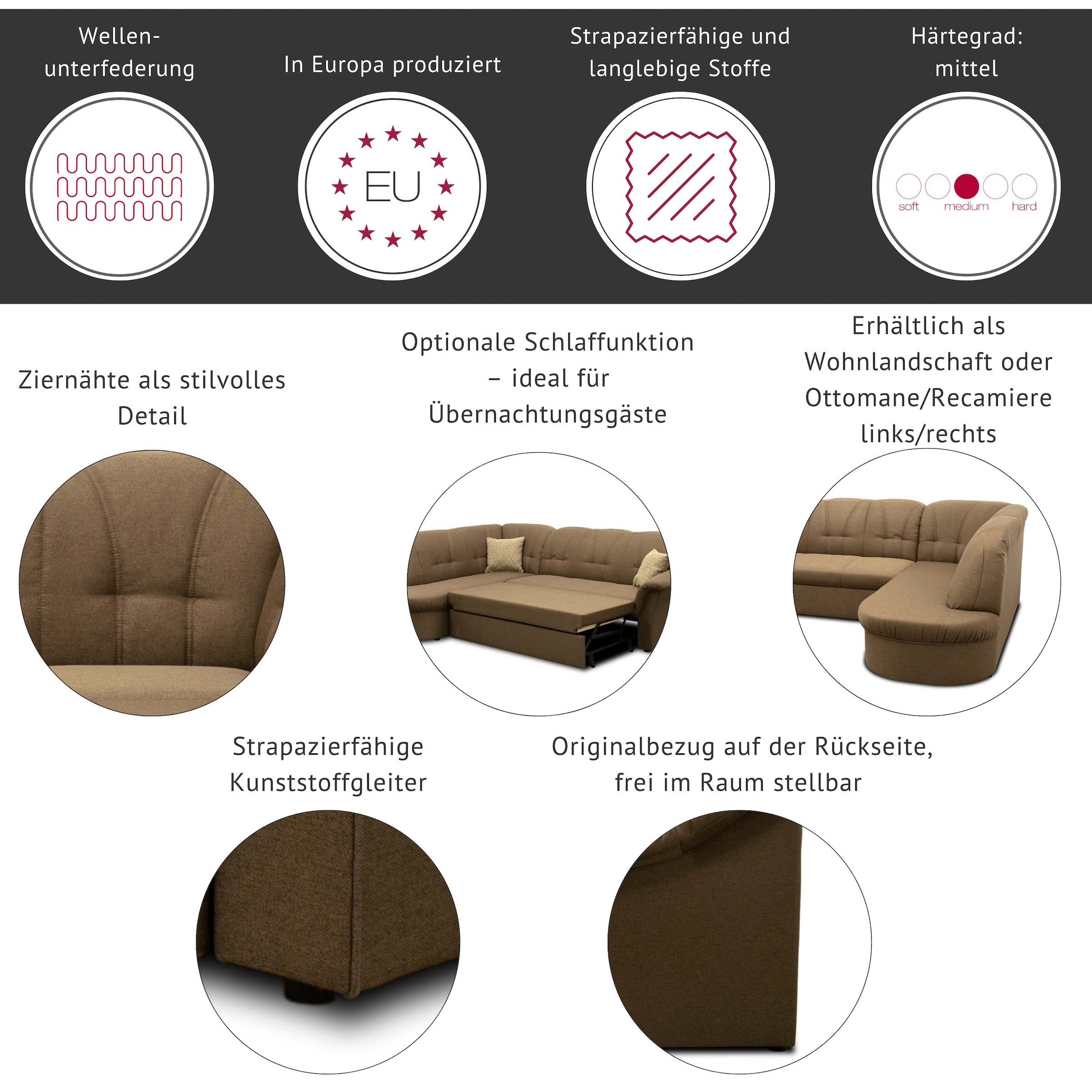 DOMO collection Ecksofa »Pegnitz, zeitlose und elegante Rückensteppung, Breite 246cm, L-Form« wahlweise mit Bettfunktion