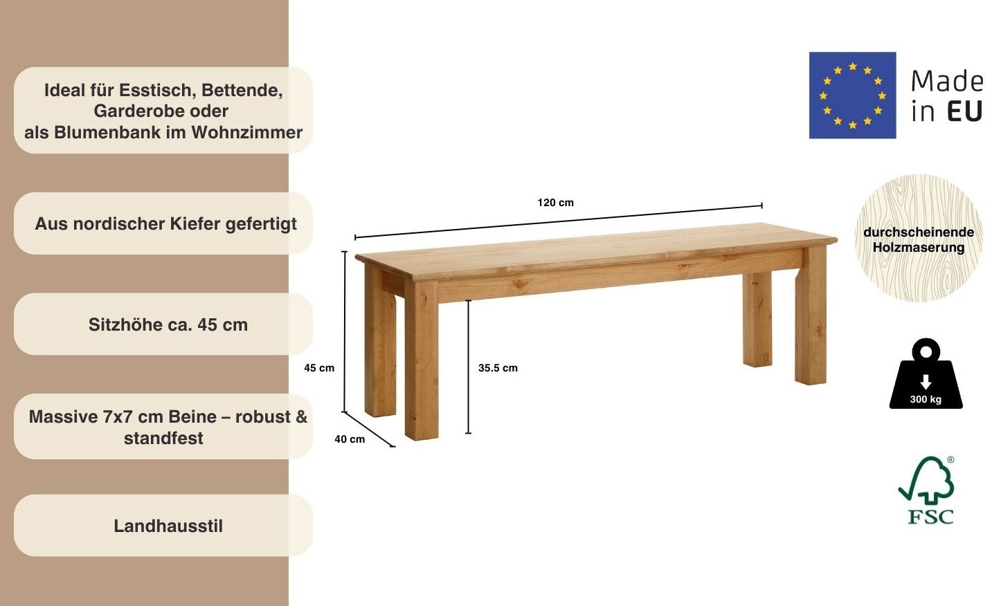 Home affaire Banc »Konrad« Breite 120/140/160 cm, aus massiver, FSC®-zertifizierter Kiefer