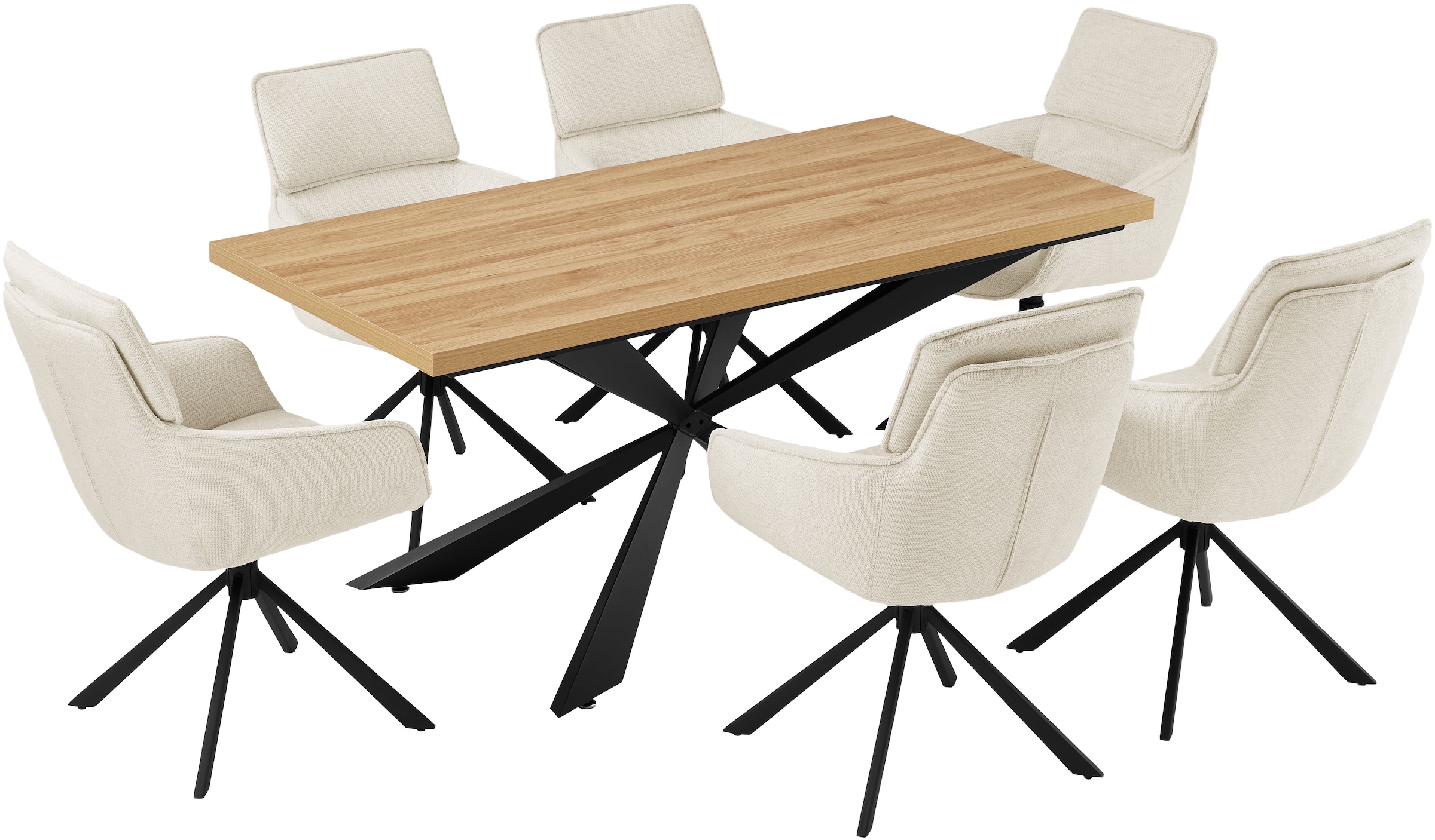 GOODproduct Essgruppe »Cusey, besteht aus einem Esstisch und vier Stühlen« Set, Stühle drehbar, Esstisch 160 cm, 4 cm starke Tischplatte, 5 Stk. tlg. kratzfester Tisch in Holzoptik, drehbare Stühlen, atmungsaktivem Stoff