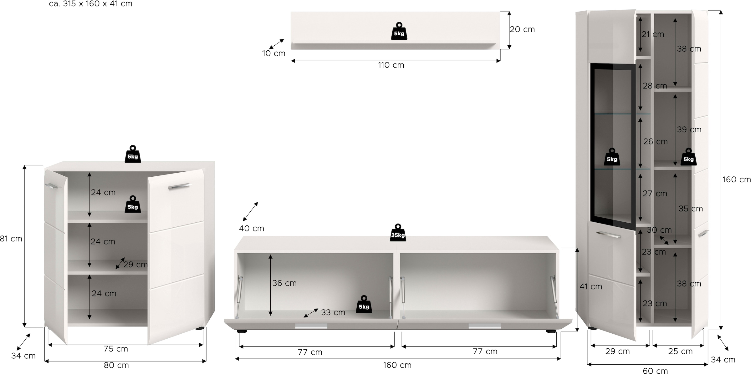 Home affaire Meuble mural »FLORENZ, 4-teilige Wohn-Kombination, hochwertige MDF-Front« Set, Set, best. aus: 1 Kommode, 1 Lowboard, 1 Vitrine, 1 Wandboard, 4 cuis tlg.