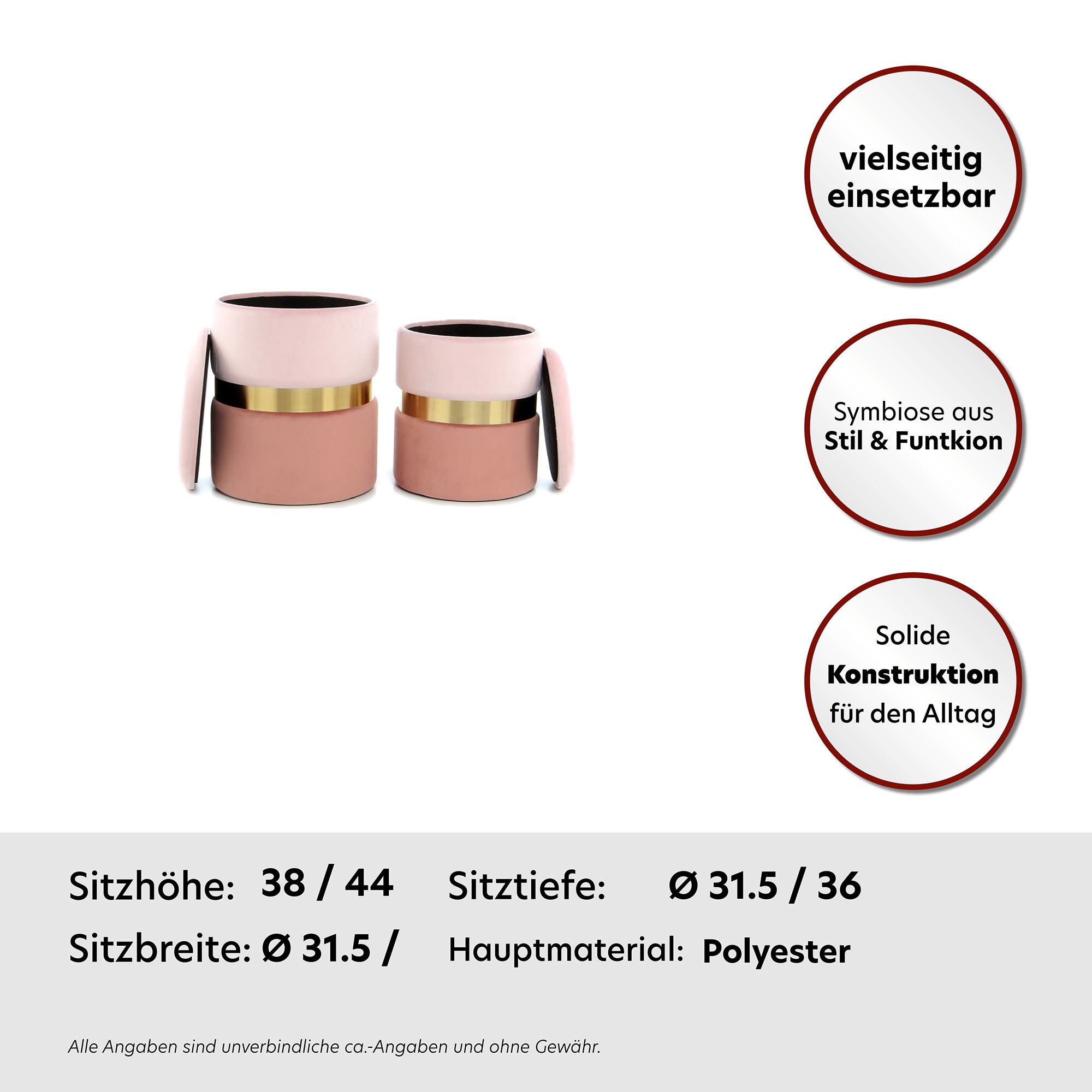Kayoom Stauraumhocker »Hocker Zora 125 2er-Set, samtweicher Stoffbezug,runde elegante Form« Set, 2 Stk. tlg. edles Design mit Metallring, gepolstert, mit Stauraum