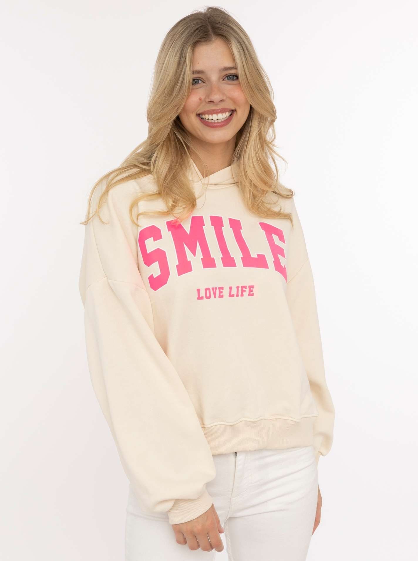 Zwillingsherz Hoodie »"Smile"«, capuche, manches longues, poignets élastiques, grand imprimé néon,
