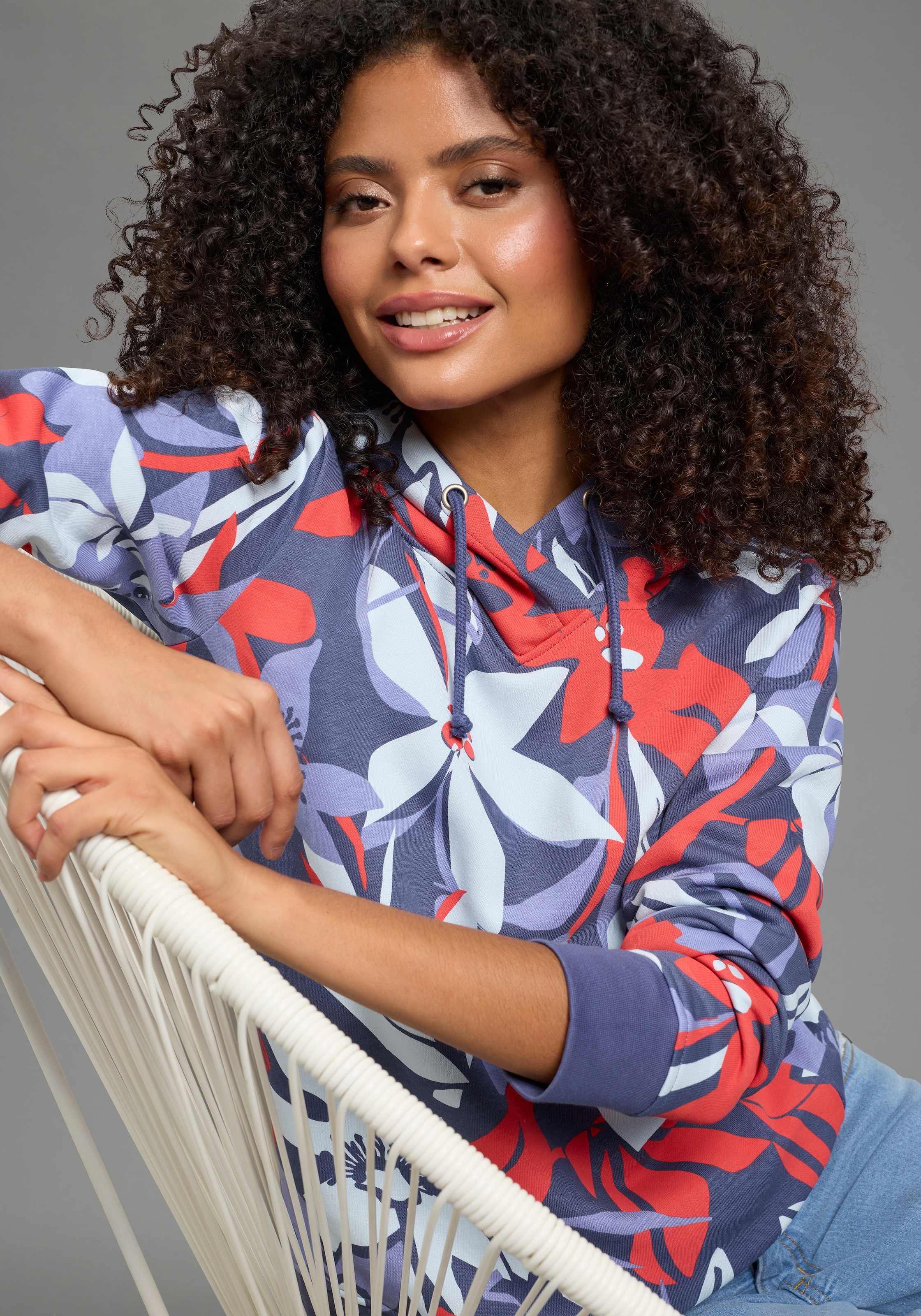 Laura Scott Pull , Pflegeleichte Baumwollmischung mit Kapuze und Blumendruck
