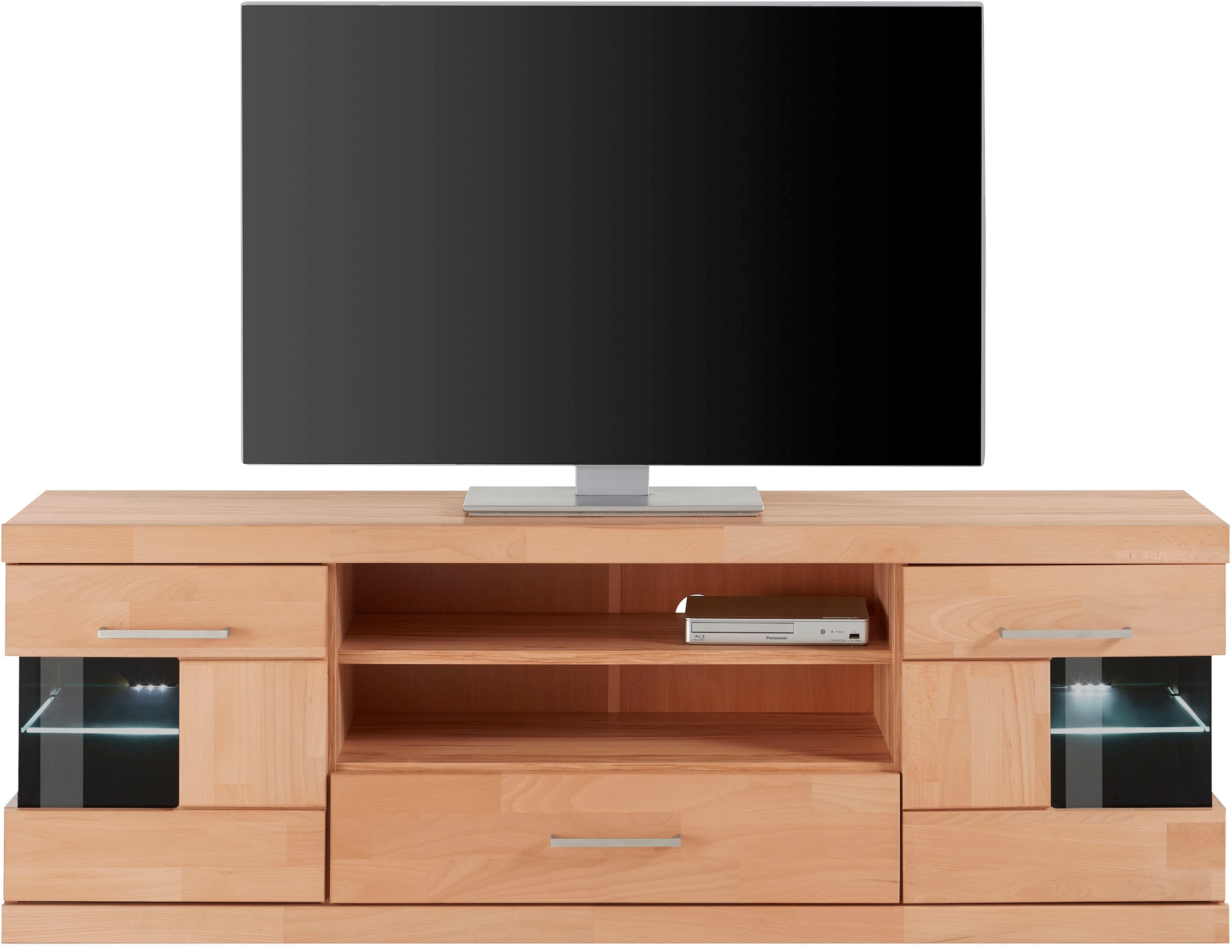 GOODproduct Table basse »Ribe,160cm breit,55cm hoch,Oberplatte massiv« Korpus Holzwerkstoff,Glaseinsatz aus gehärtetem Glas,Böden versetzbar