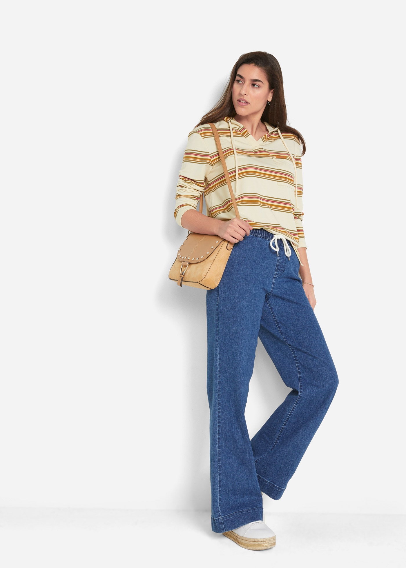 bonprix Weite Jeans »Wide Leg Jeans Mid Waist, Stretch« 2 Stk. Loose Fit Passform, mit elastischem Bund und Tunnelzug