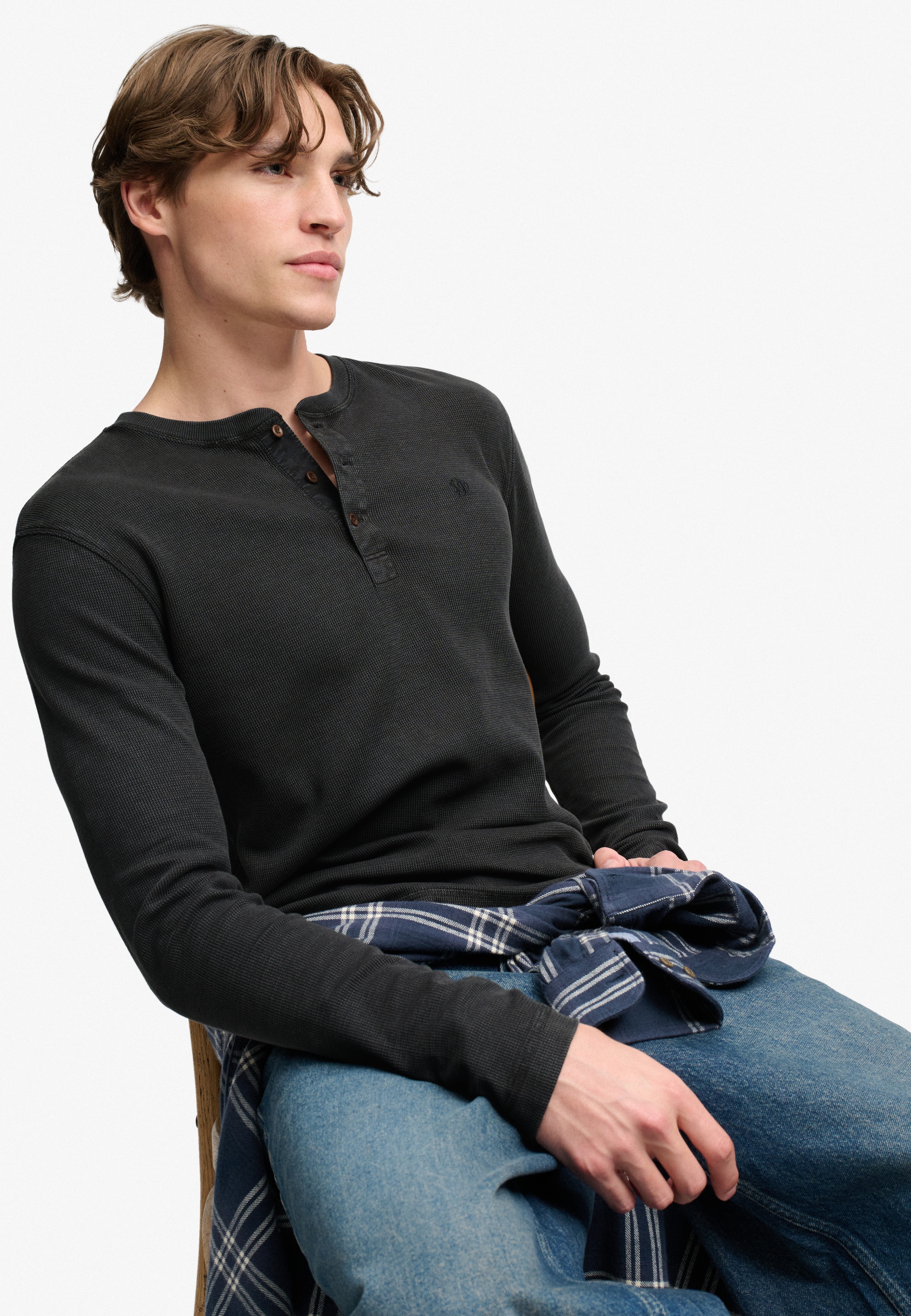 Superdry T-shirt à manches longues »WAFFLE LONG SLEEVE HENLEY TOP« Baumwolle, relaxed fit