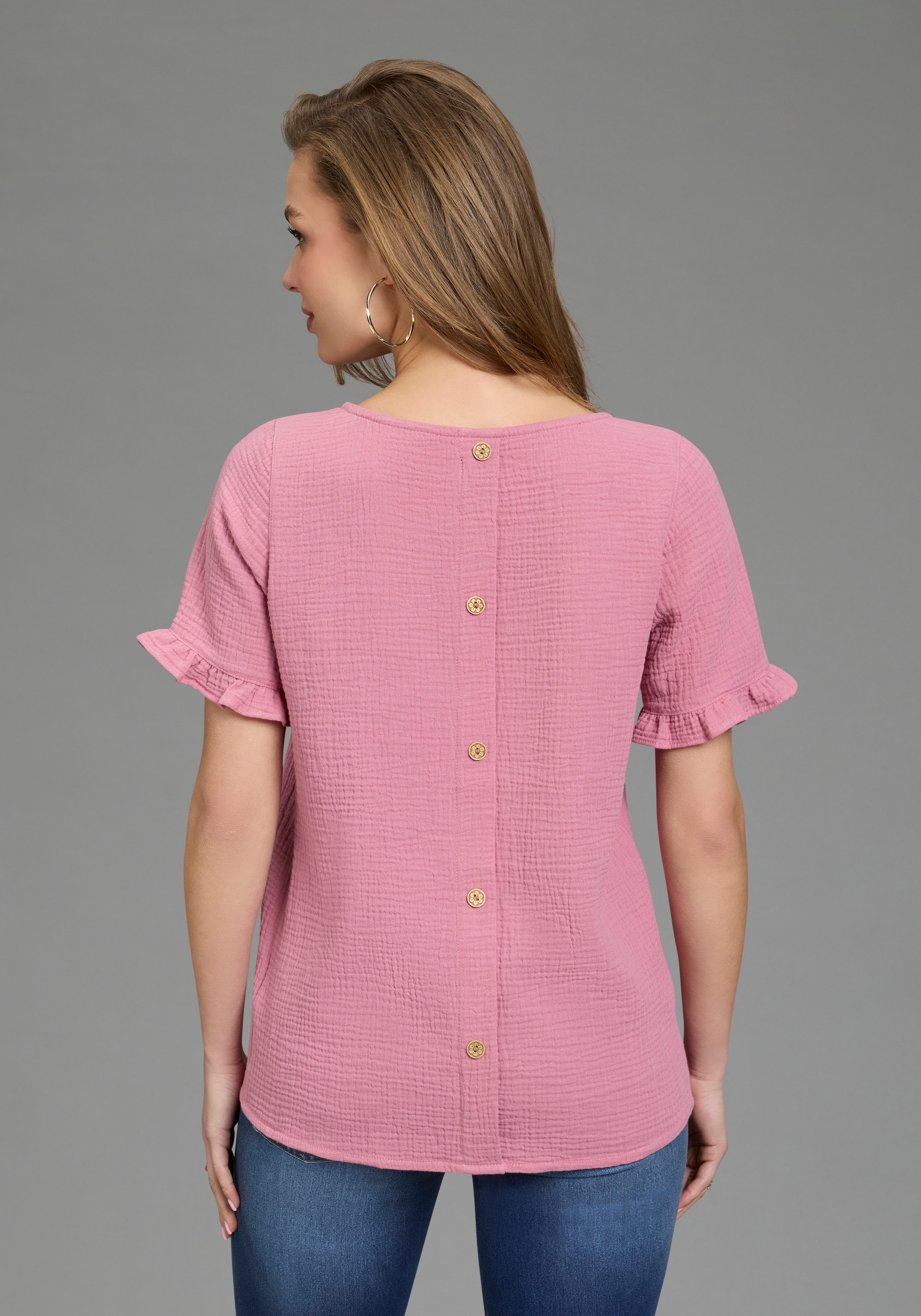 Laura Scott Chemisier à volants avec patte de boutonnage décorative dans le dos, uni, en mousseline de coton