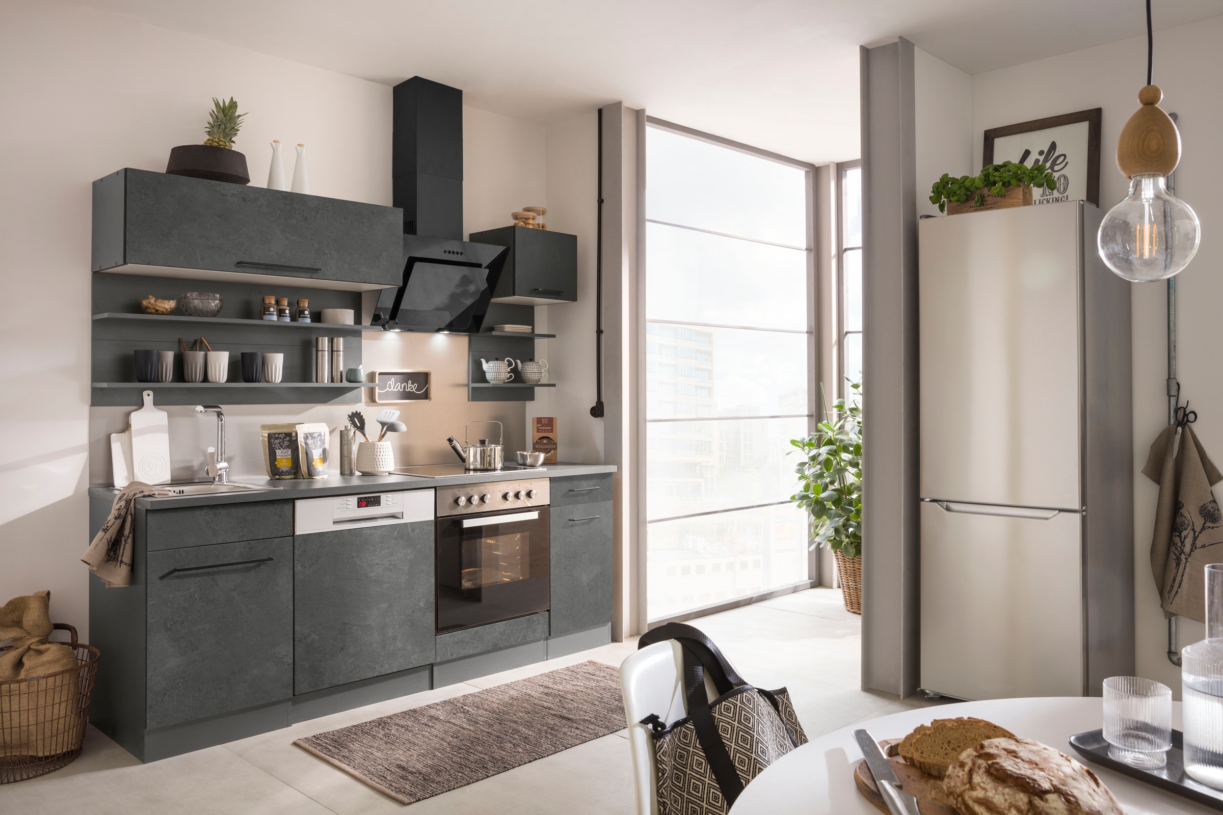 KOCHSTATION Küchenzeile »KS-Tulsa« ohne E-Geräte, Breite 210 cm, schwarze Metallgriffe, MDF Fronten