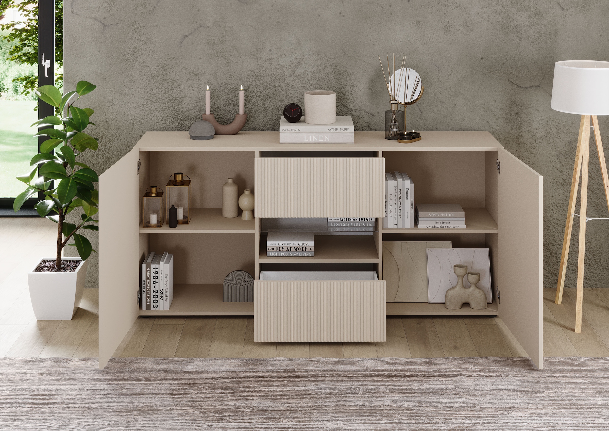 Home affaire Sideboard »Rio Breite 181 cm, Kommode mit 2 Türen u. 2 Schubkästen,« geriffelte MDF-Fronten, modern u. elegant, viel Stauraum