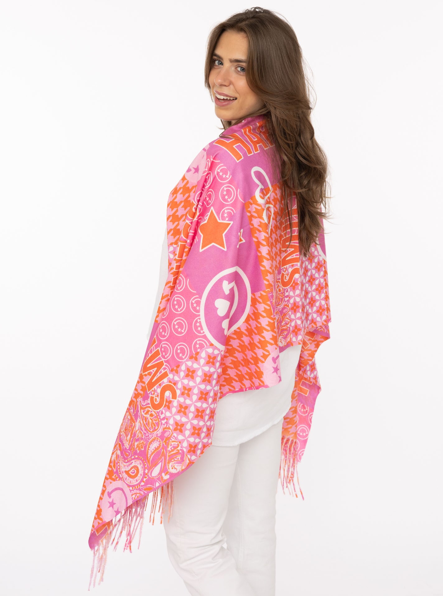 Zwillingsherz Écharpe »"Printclash Smile"« mit Fransen, Mustermix und Schriftzug