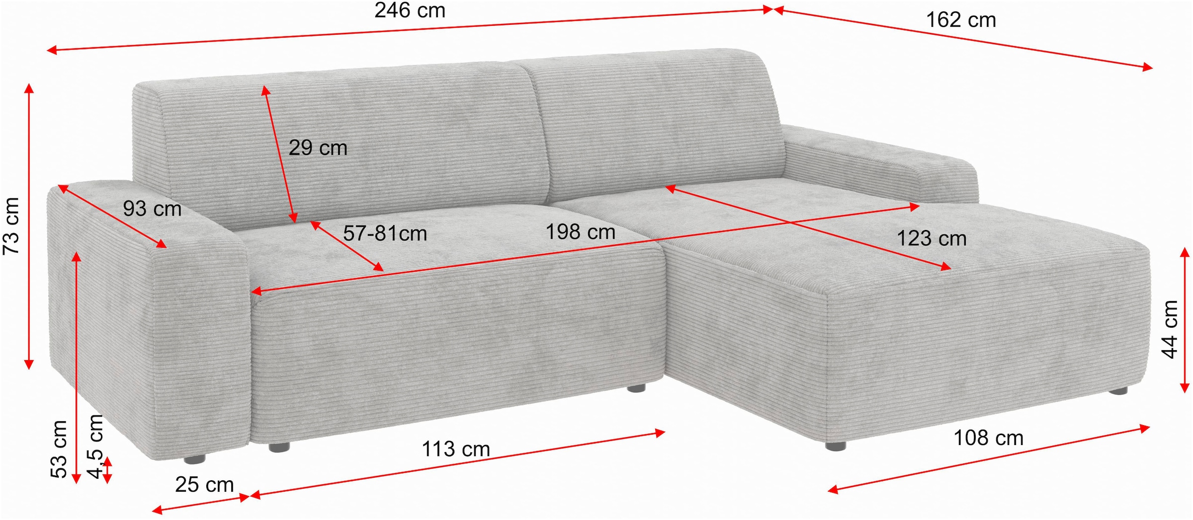 TRENDMANUFAKTUR Canapé d'angle »Wien, wahlweise mit Sitzvorschub und Bettkasten, Breite 246 cm« Forme en L, en velours côtelé tendance