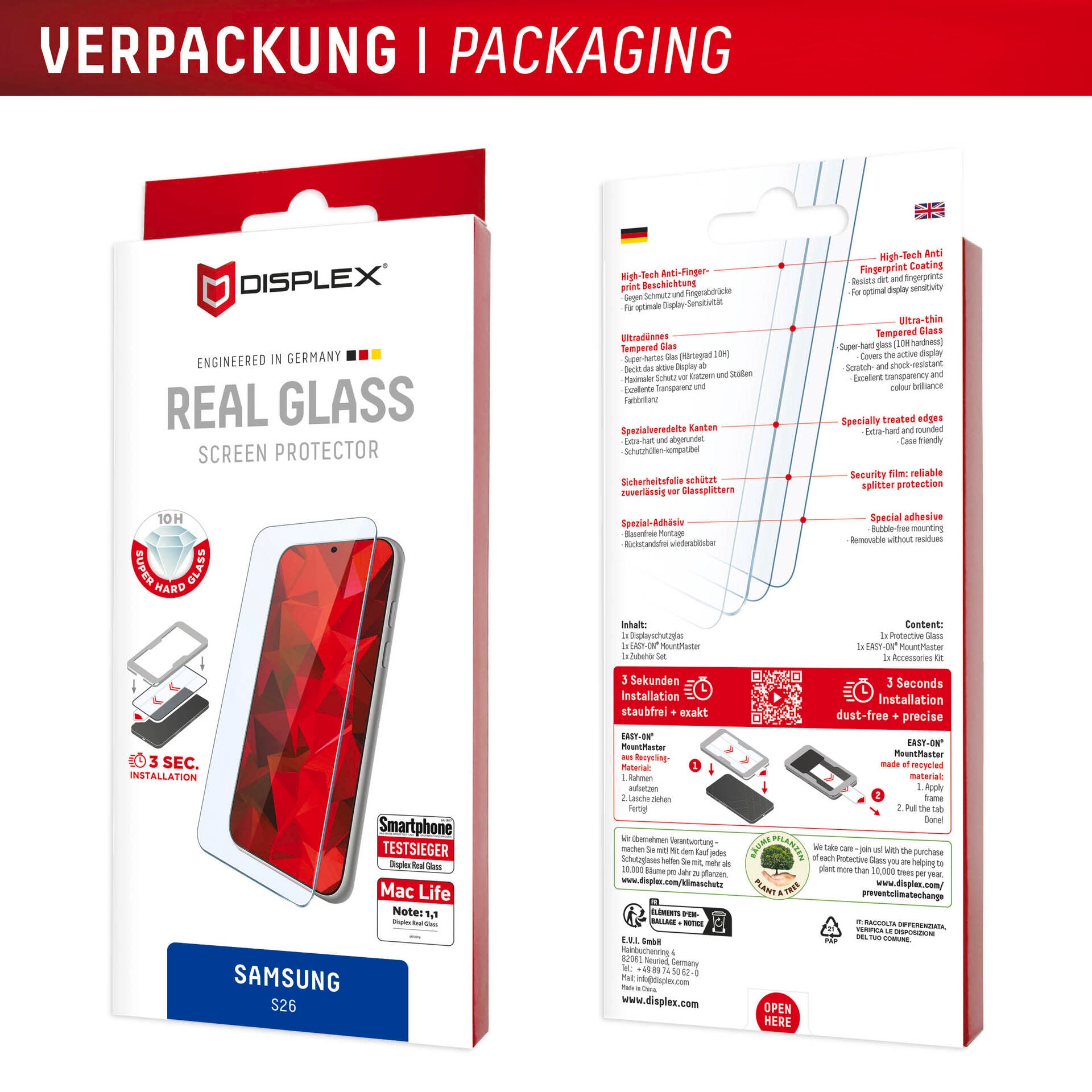 Displex Displayschutzglas »Real Glass Screen Protector mit MountMaster« für Samsung Galaxy S26 Displayschutzfolie, Schutzfolie, Bildschirmschutz, kratz- & stossfest