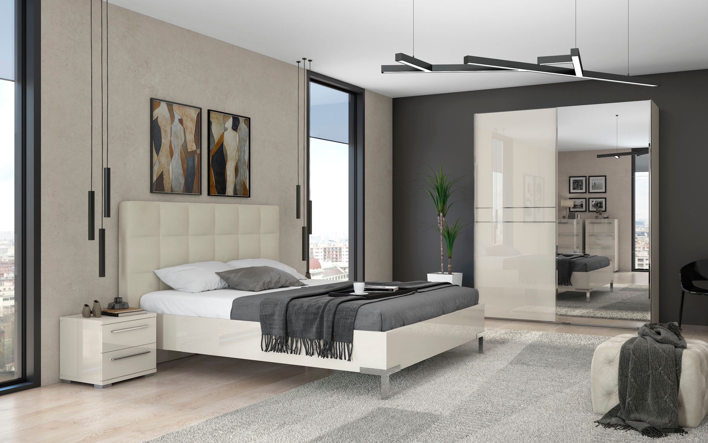 GOODproduct Schwebetürenschrank »Piano, mit Einlegeböden, Kleiderstangen, Spiegel, Türen soft-close« in 3 Breiten, 224cm hoch, mit verchromten Aufleistungen,  mit Spiegeltür, FSC-zertifizierter Holzwerkstoff