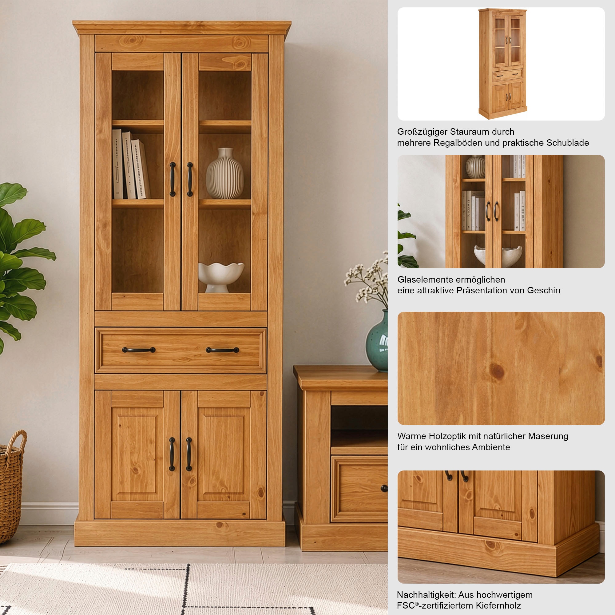GOODproduct Vitrines »Selma Hochschrank mit 4 Türen, 2 davon mit Glaseinsatz und 1 Schublade« hauteur 180 cm (2 portes)