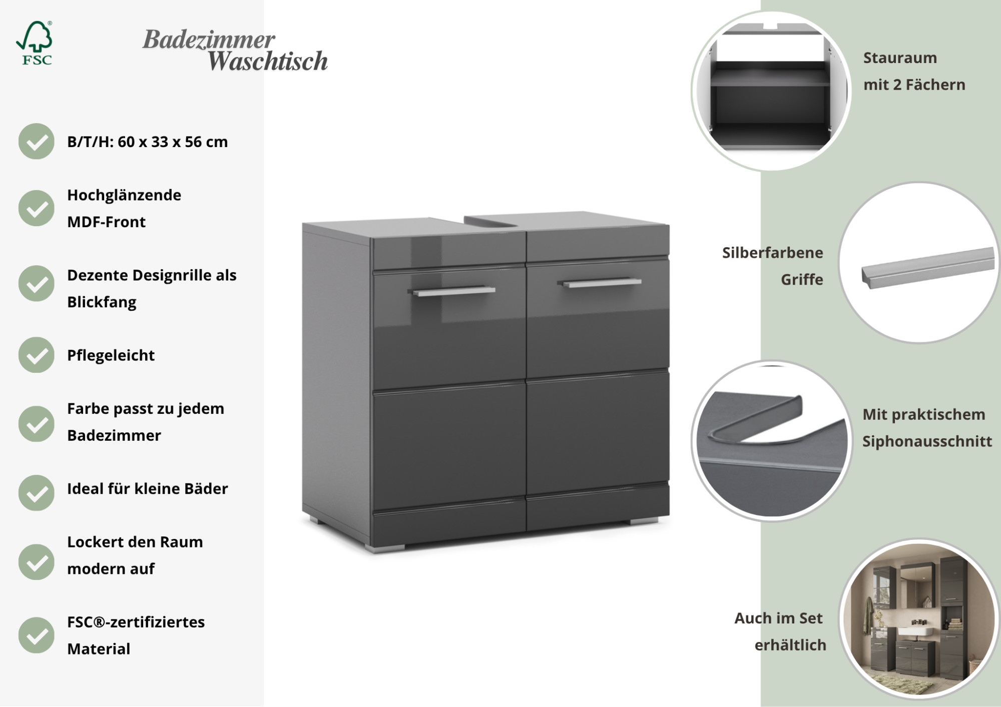 GOODproduct Waschbeckenunterschrank »Föhr« minimalistisch, zeitlos, hochglänzend