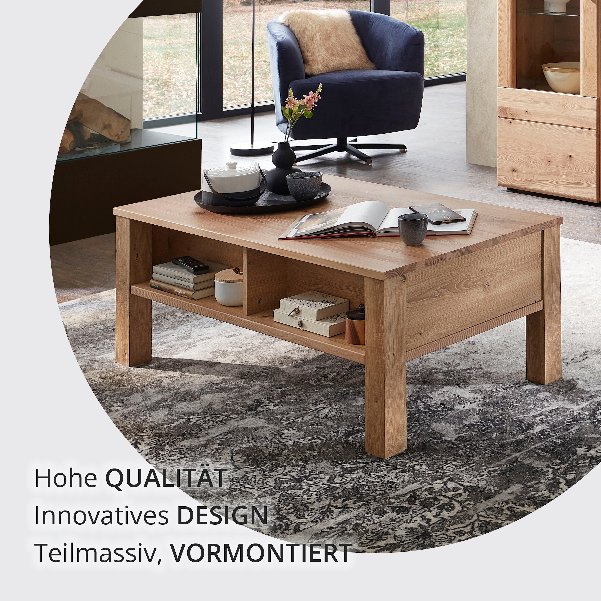 Wohnconcept Table basse »Malaga Couchtisch, 115x45x65 (BxHxT)« 1 cuis tlg. plateau en bois massif, 1 tiroir, 3 compartiments ouverts, protection d’angle ABS