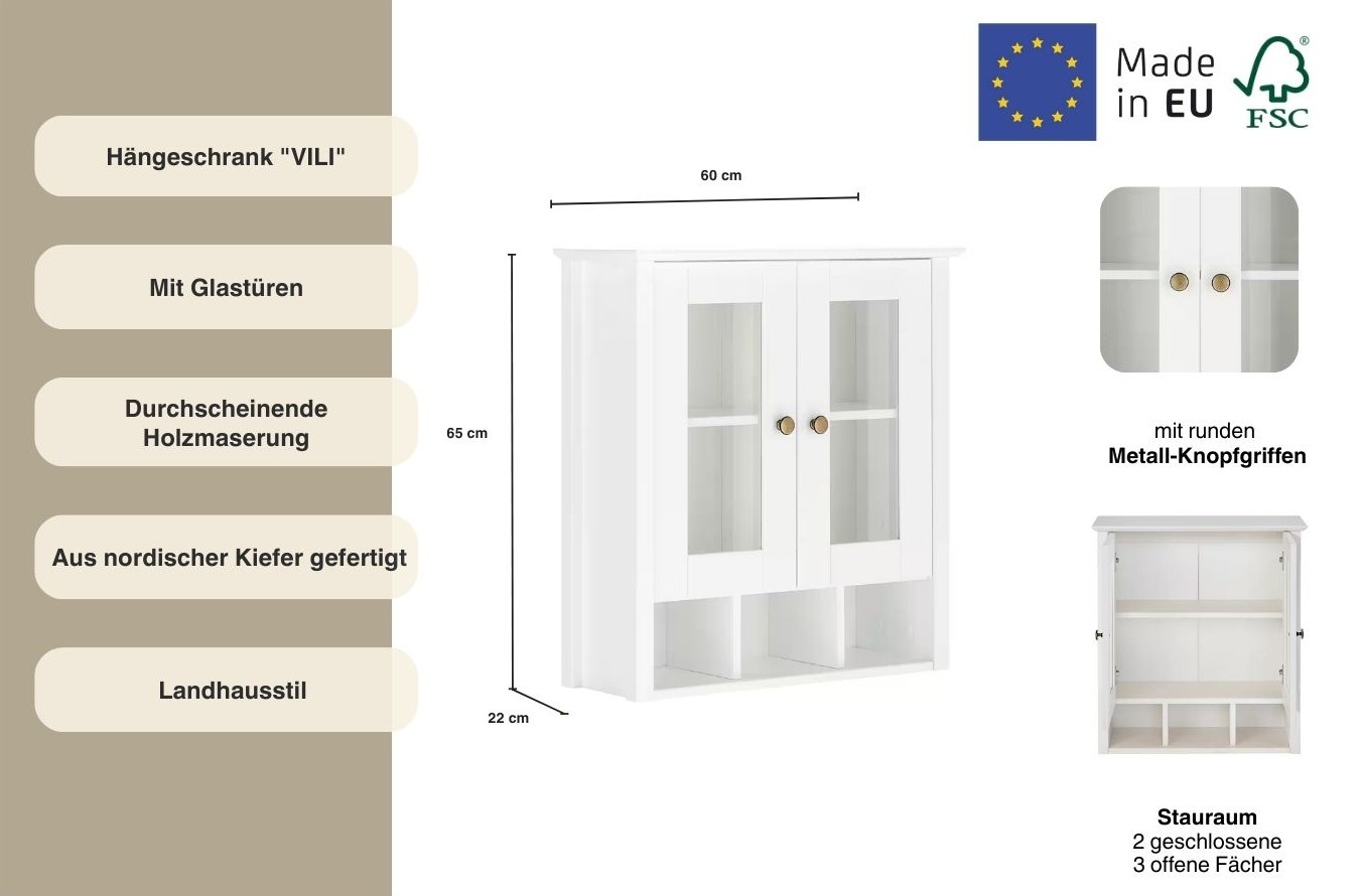 Home affaire Armoire suspendue »Vili« Badezimmerschrank, mit Glastüren, Breite 60 cm, aus Massivholz