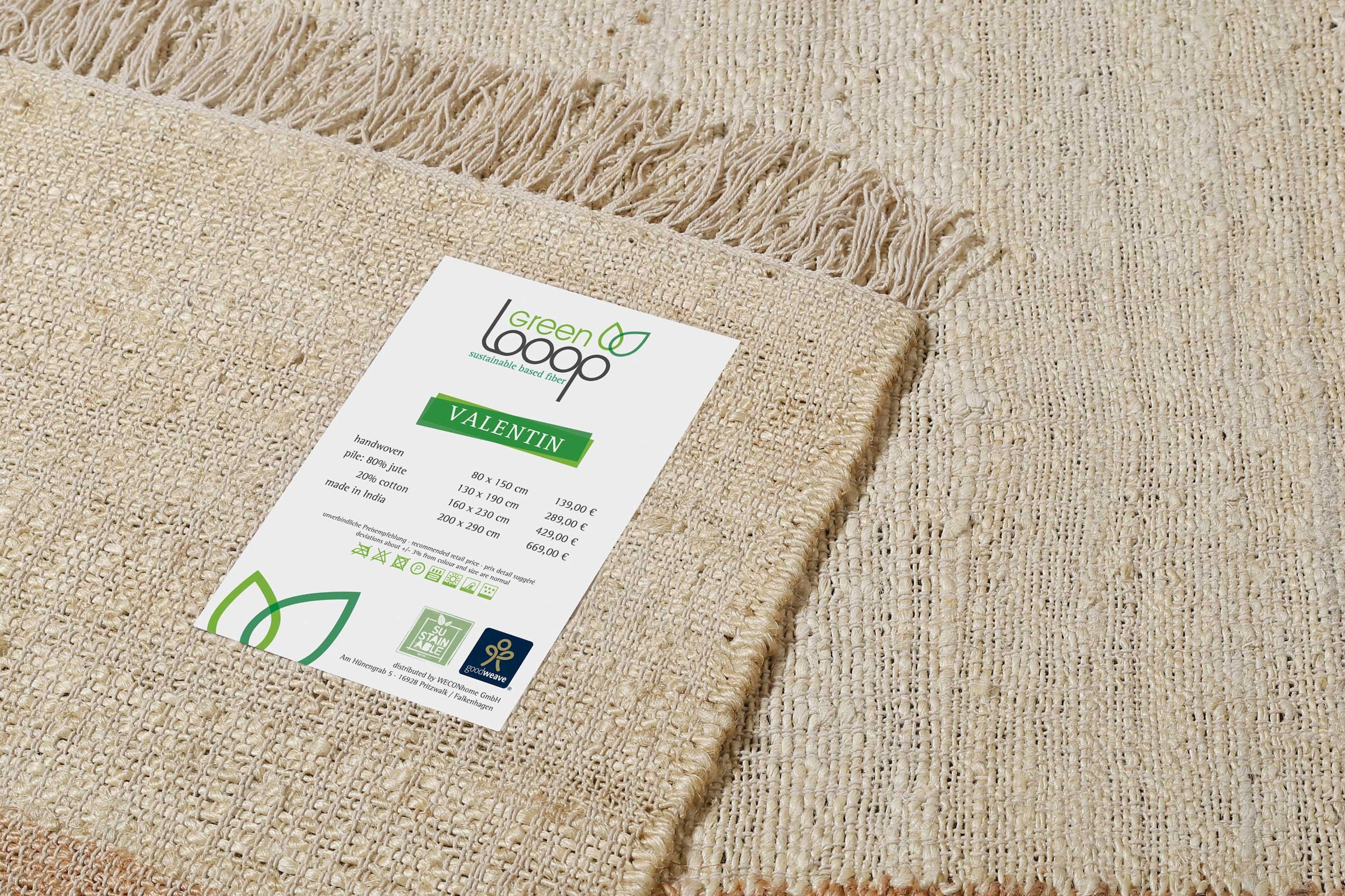 Green Looop Tapis »Valentin GL-82301« Rectangulaire 4 mm Höhe Naturfaser Teppich aus 80% Jute 20% Baumwolle, mit Fransen, Wohnzimmer