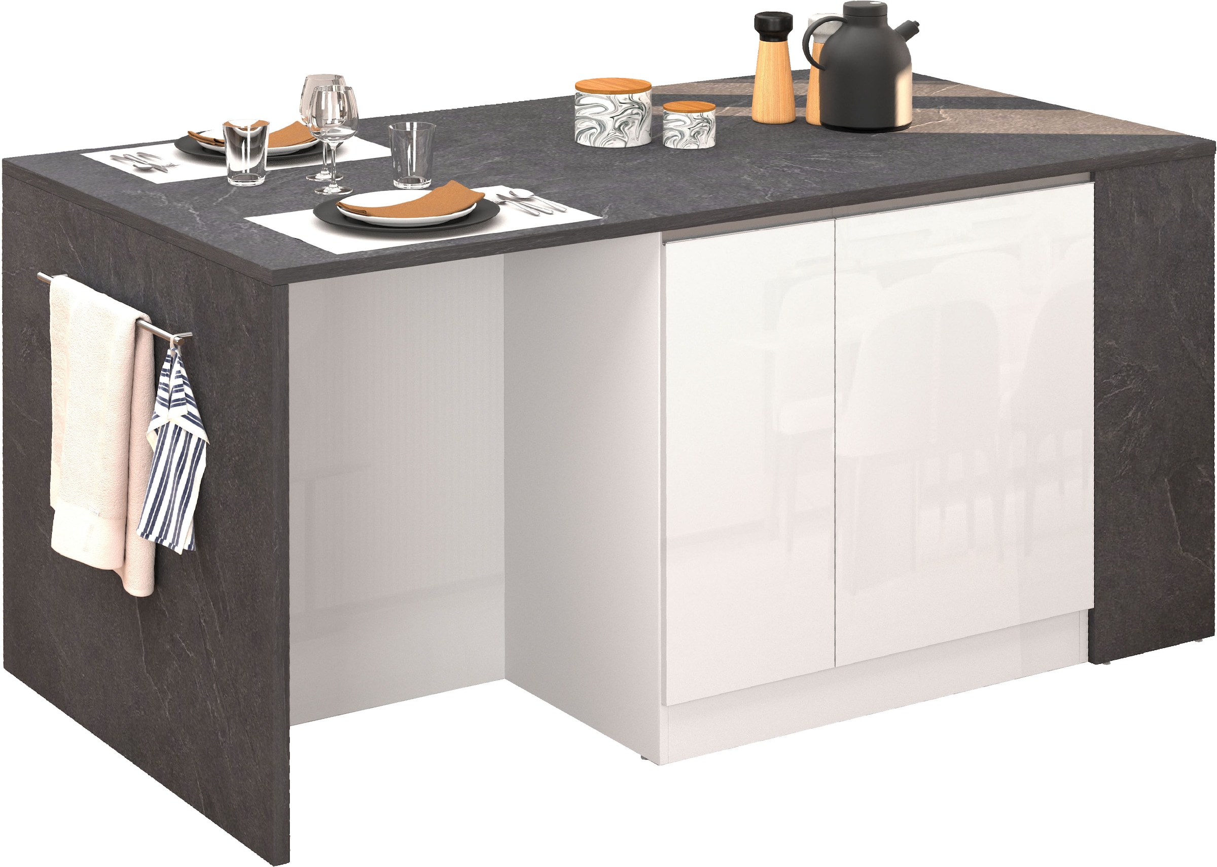 KOCHSTATION Ilot de cuisine »KS-Sole, Kochinsel, Küchenarbeitsblock, Arbeitsinsel, Made in Italy« Breite 167,5 cm, 2 Apothekerauszüge, 2 Essplätze, 1 offenes Regal