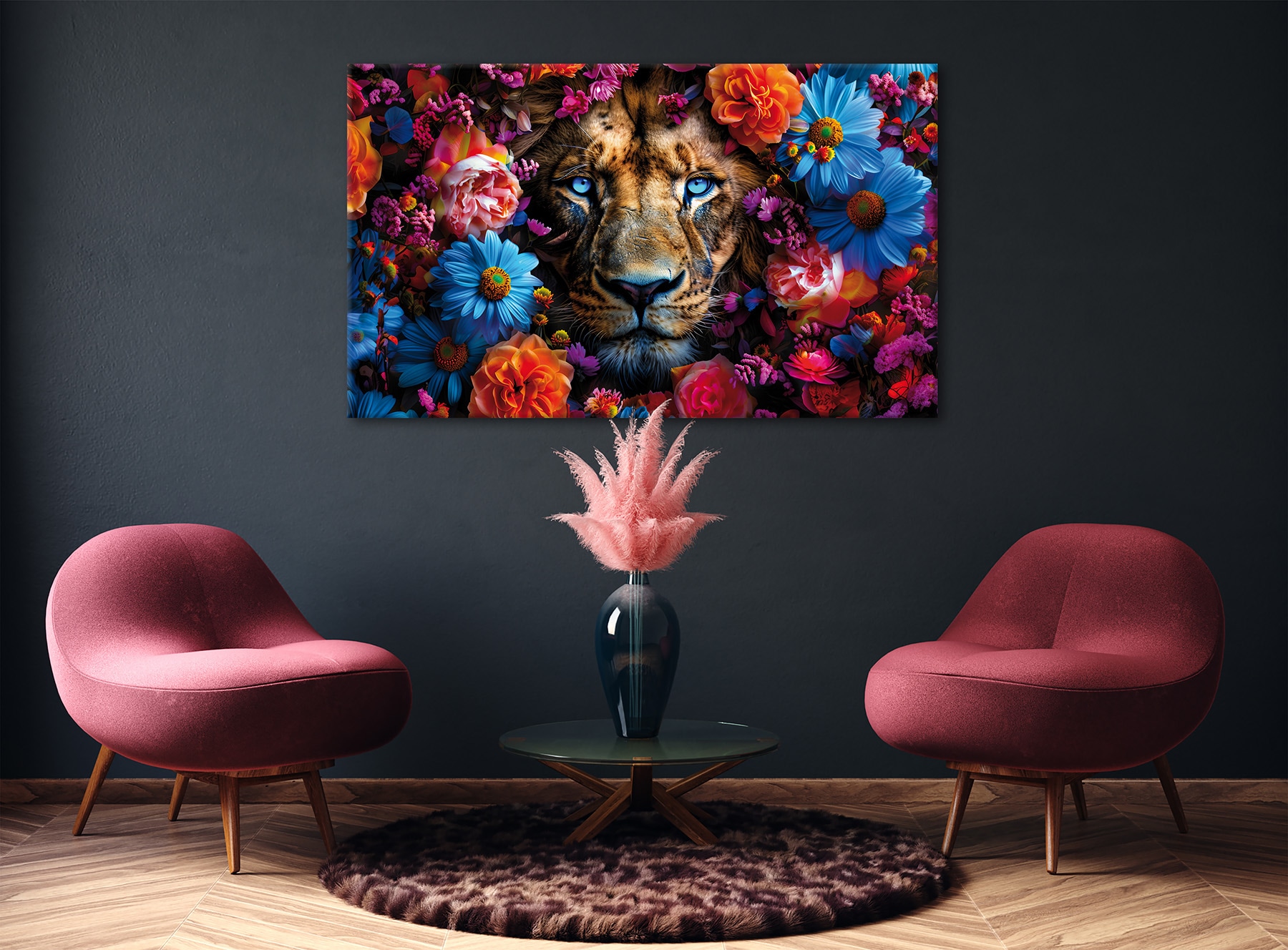 Bönninghoff Tableau sur toile »Wandbild LÖWE MIT BLUMEN XXL 90x150 cm – Leinwandbild Keilrahmen Deko« Fleurs | Félins | Tigre 1 cuis tlg. tendu sur châssis