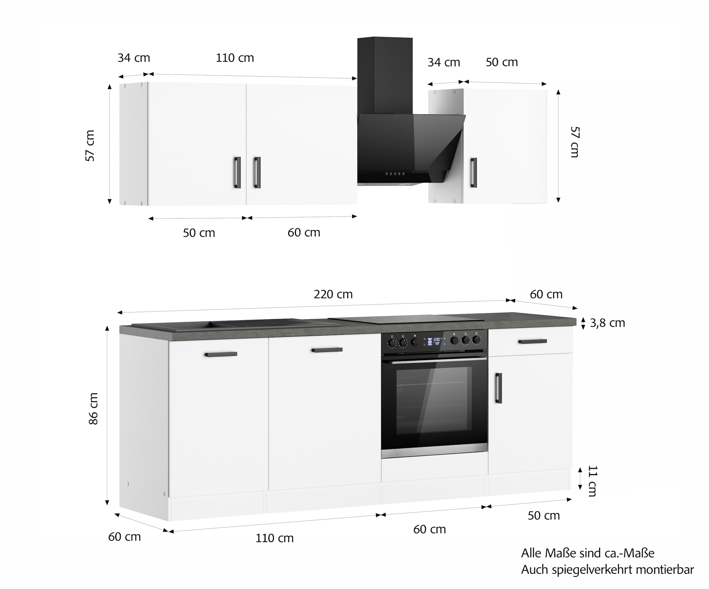 KOCHSTATION Kitchenette »KS-Toronto« Largeur 220 cm, au choix avec appareils HANSEATIC-E