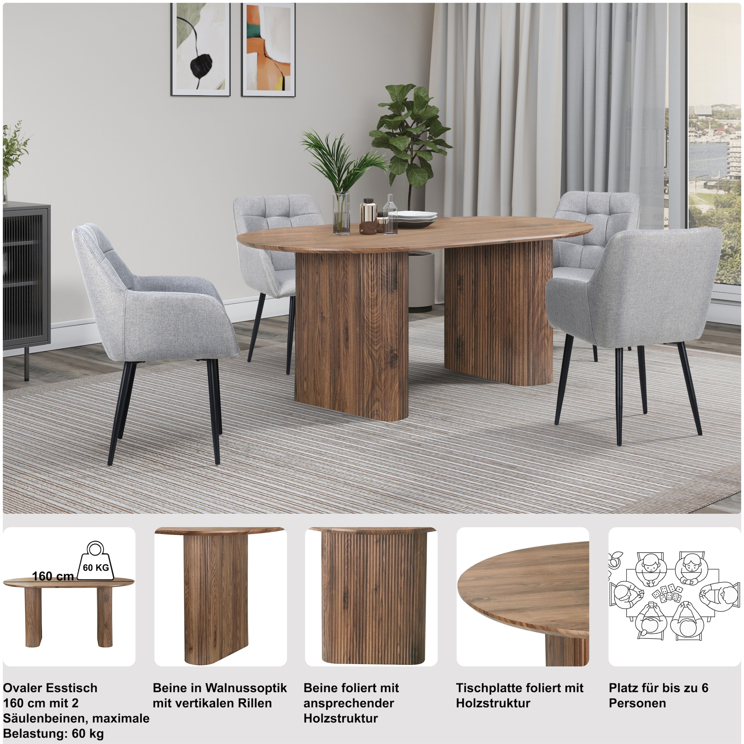 GOODproduct Esstisch »Bostonia« ovaler Esstisch, Beine mit Rillenstruktur, pflegeleicht, Höhe 76 cm