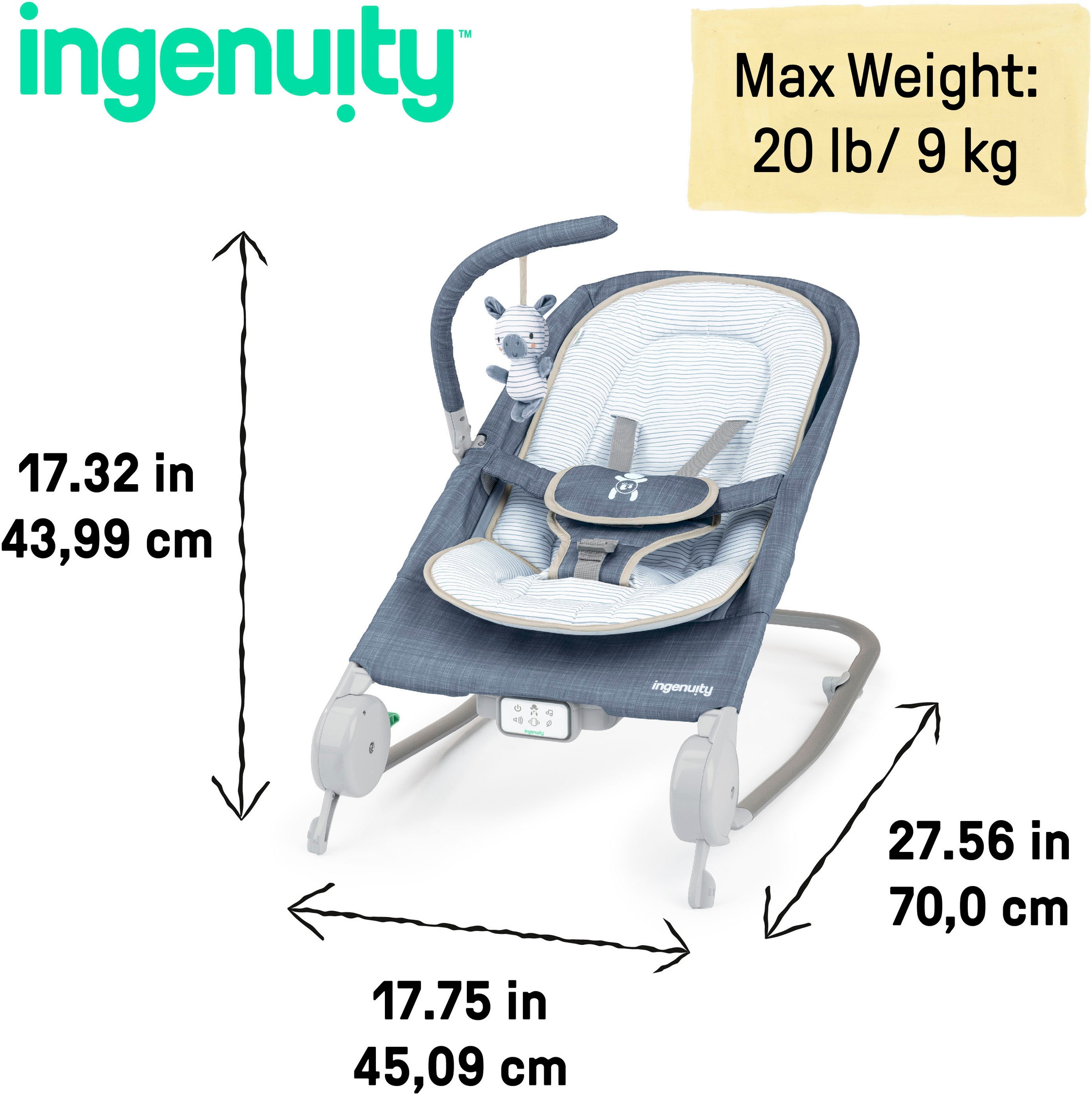ingenuity Babywippe »Happy Belly™ Rock-to-Bounce Massage Seat - Chambray« bis 9 kg mit Melodien und Geräuschen