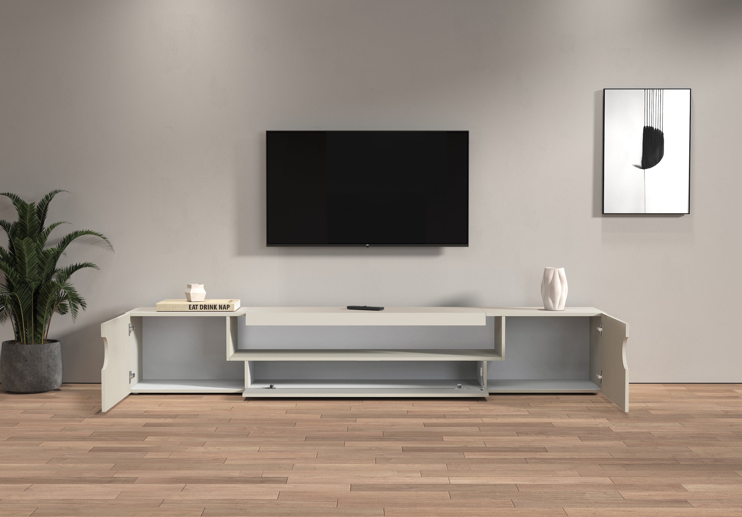 Home affaire Table basse »REAL TV-Möbel, 240 cm breit, 40/60 cm hoch, Hochglanz oder matt« mit 2 abgerundeten Türen, 1 Klappe, die ein ovales offenes Fach bilden