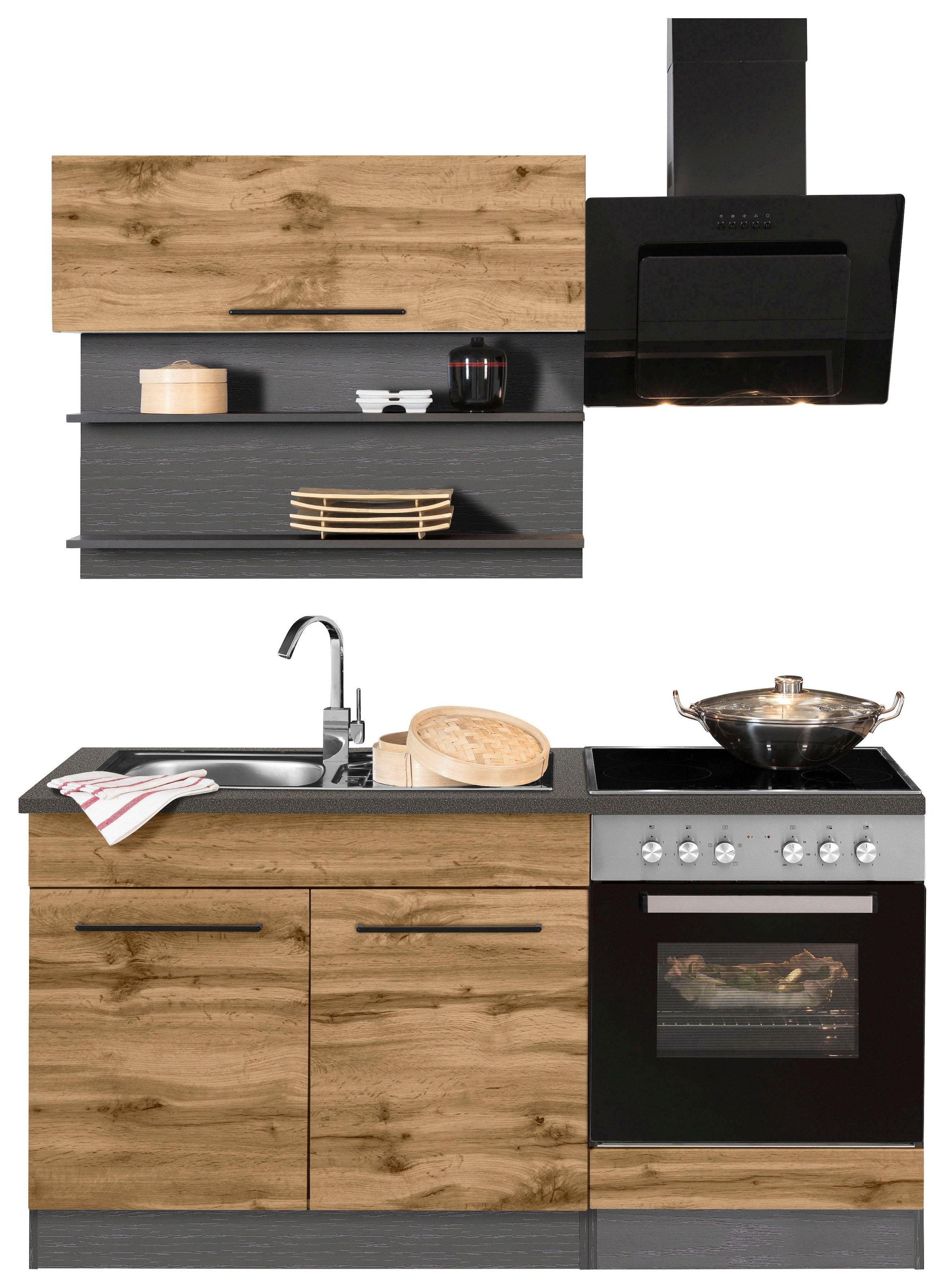 KOCHSTATION Pantryküche »KS-Tulsa« Breite 160 cm, schwarze Metallgriffe, hochwertige MDF Fronten