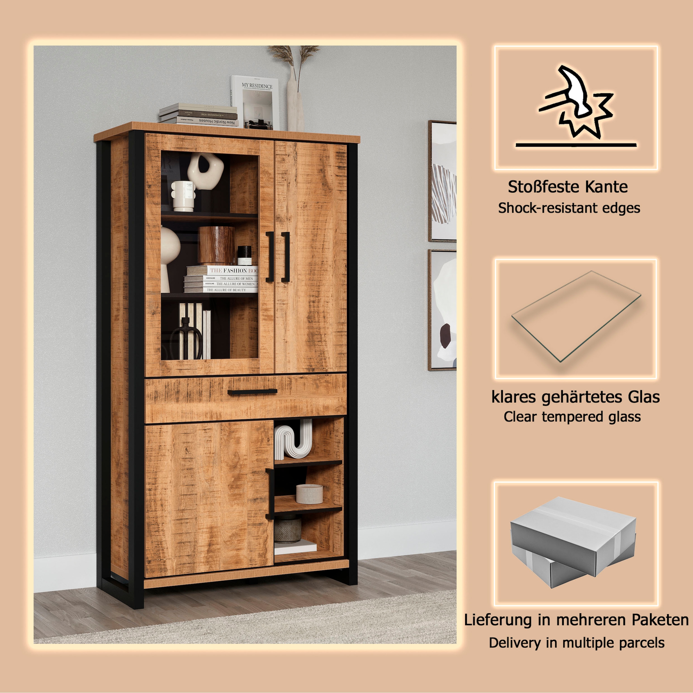 Home affaire Vitrines »Elda« 1 cuis tlg. Vitrine mit 3 Türen & 1 Vollauszug Schublade - (B/T/H) 106/45/195 cm