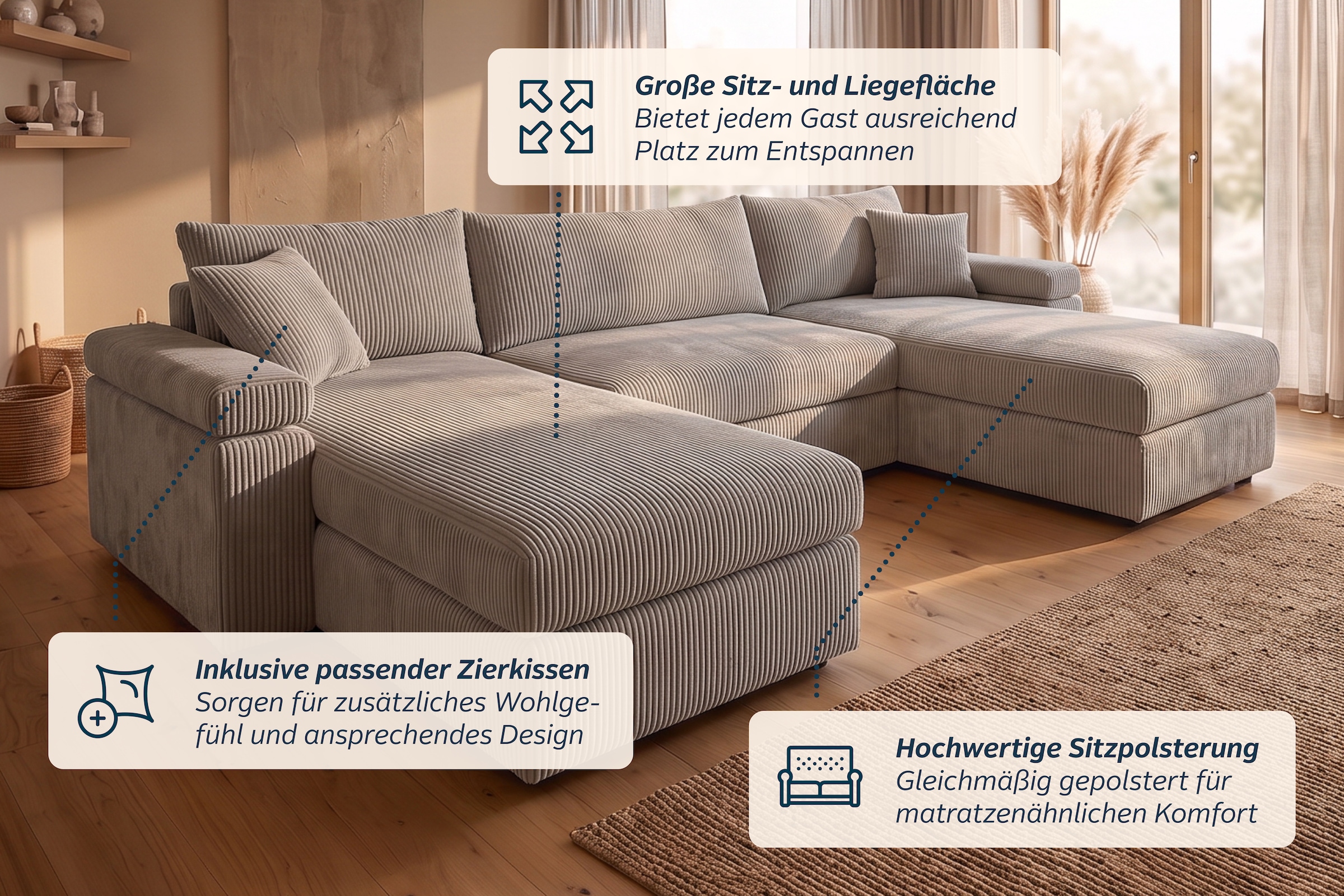 GOODproduct Paysage de salon »Cosy U-Form, B: 309 cm, XXL-Wohnlandschaft mit Federkern« 2 coussins décoratifs, Mega-Sofa, velours côtelé ou structure douce, rembourrage en mousse froide