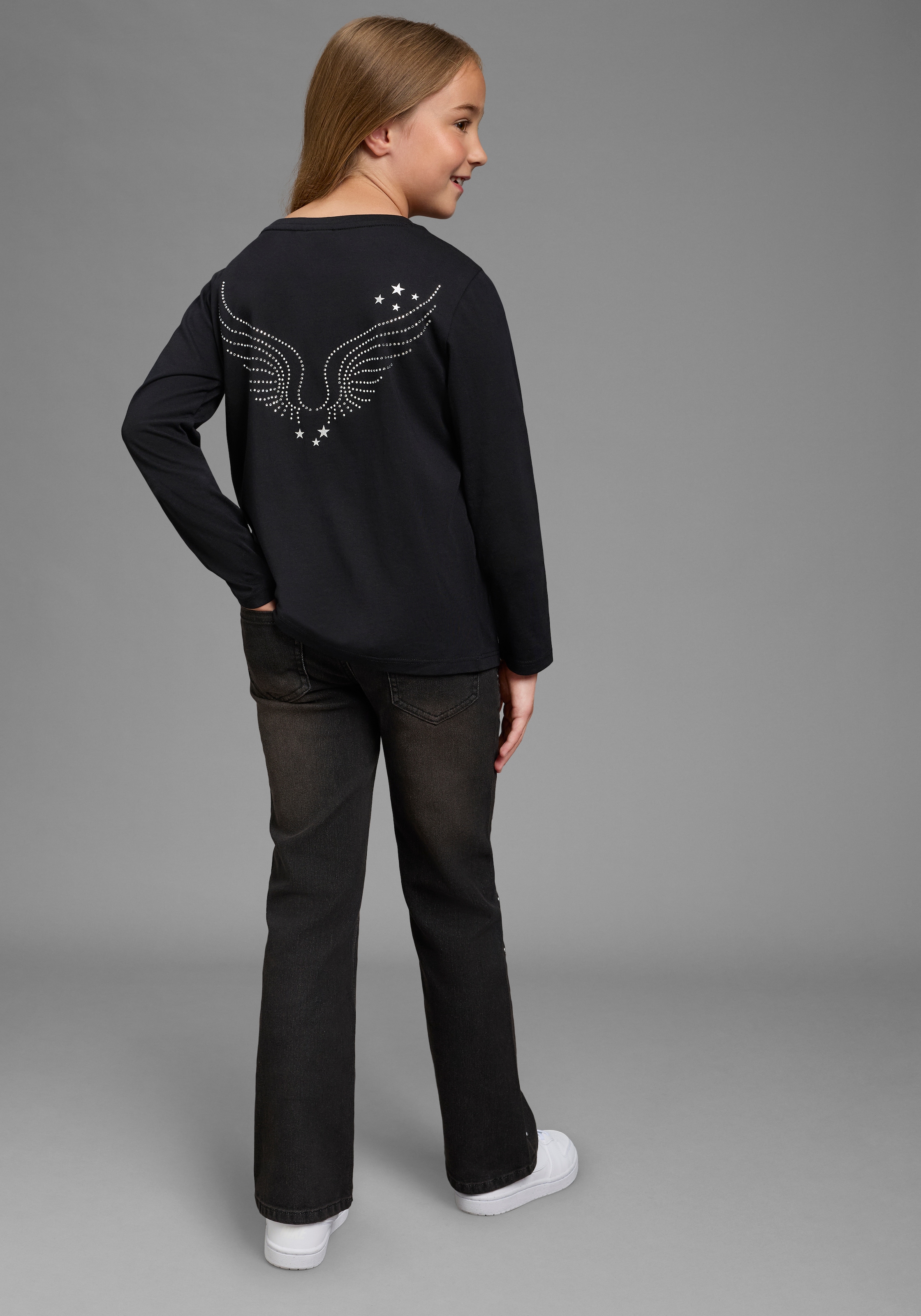 Bruno Banani T-shirt à manches longues »Shirt mit Strass-Stein Applikation« manches longues, coupe basique longueur hanches, pour quotidien et streetwear