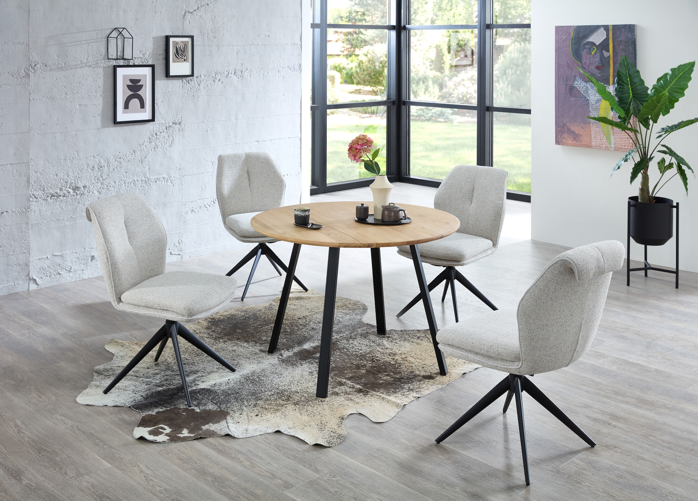 Stolkom Esstisch »Nils Massivholz rund, Esszimmertisch Eiche, BxH 110x75 cm« Stabiles 4-Fuss Metallgestell, Boden bis Unterkante Tisch ca. 69 cm