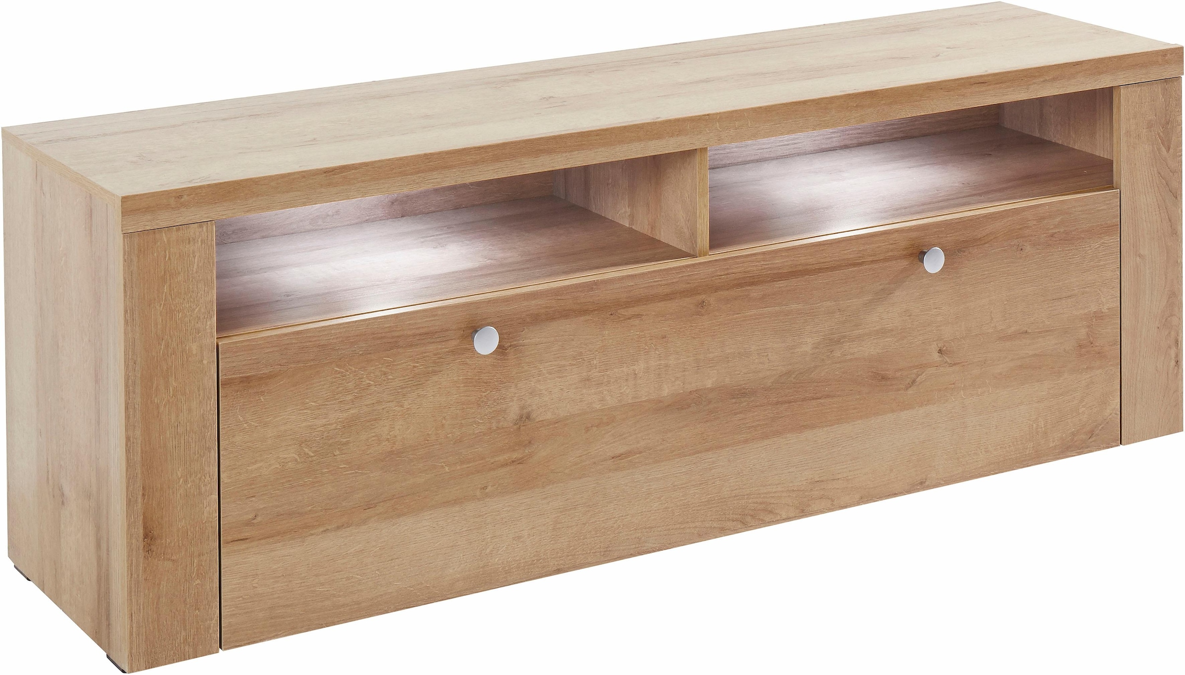 GOODproduct Table basse »Larona, zeitloses TV Board mit 1 Klappe und 2 offenen Fächern« Largeur 140 cm, banc TV, beaucoup de rangement, look cadre décoratif