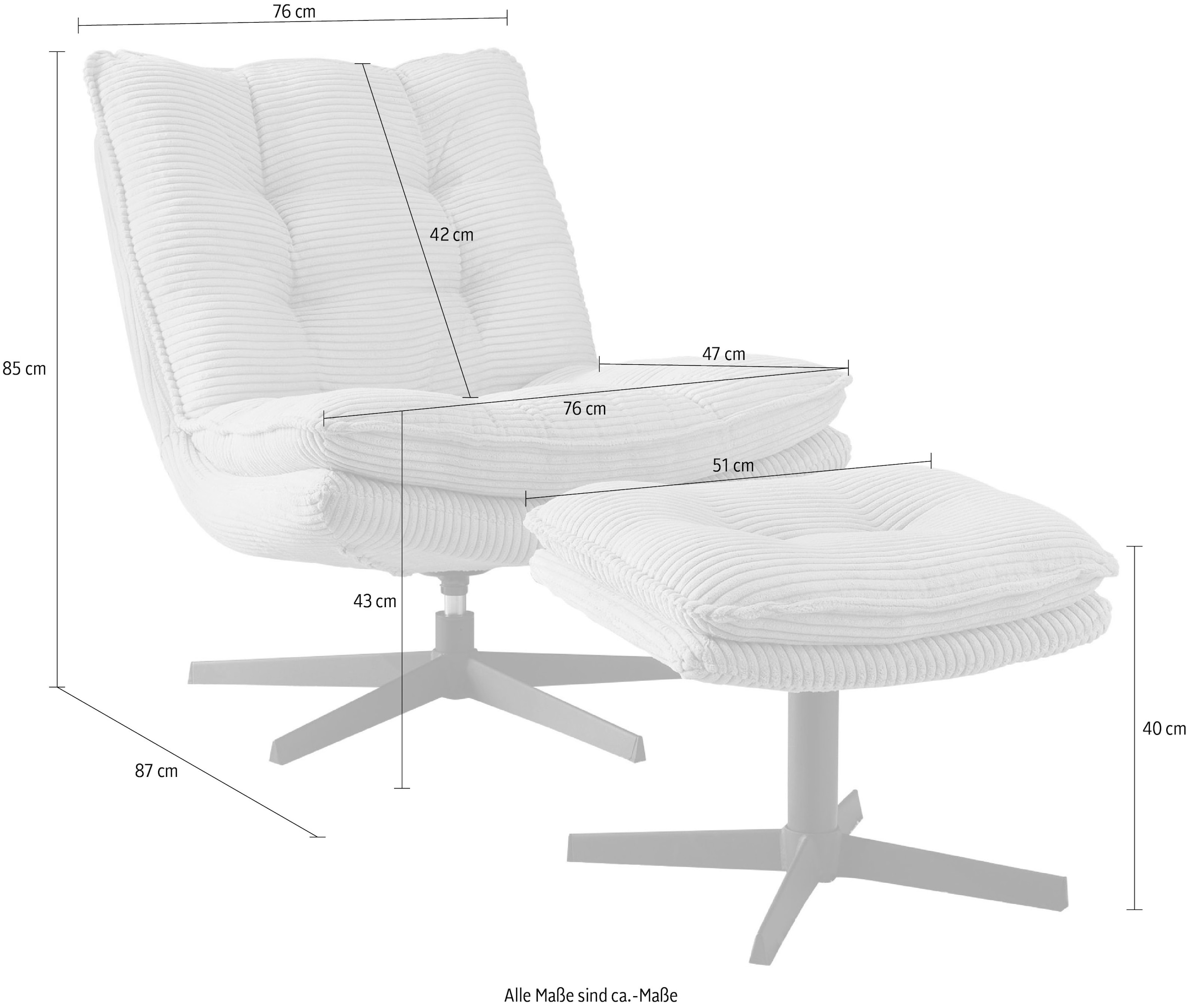 Jockenhöfer Gruppe Fauteuil de relaxation »Kasper, B: 76 cm, Sitzhöhe: 47 cm« Ensemble : avec tabouret, fonction pivotante à 360°, velours côtelé