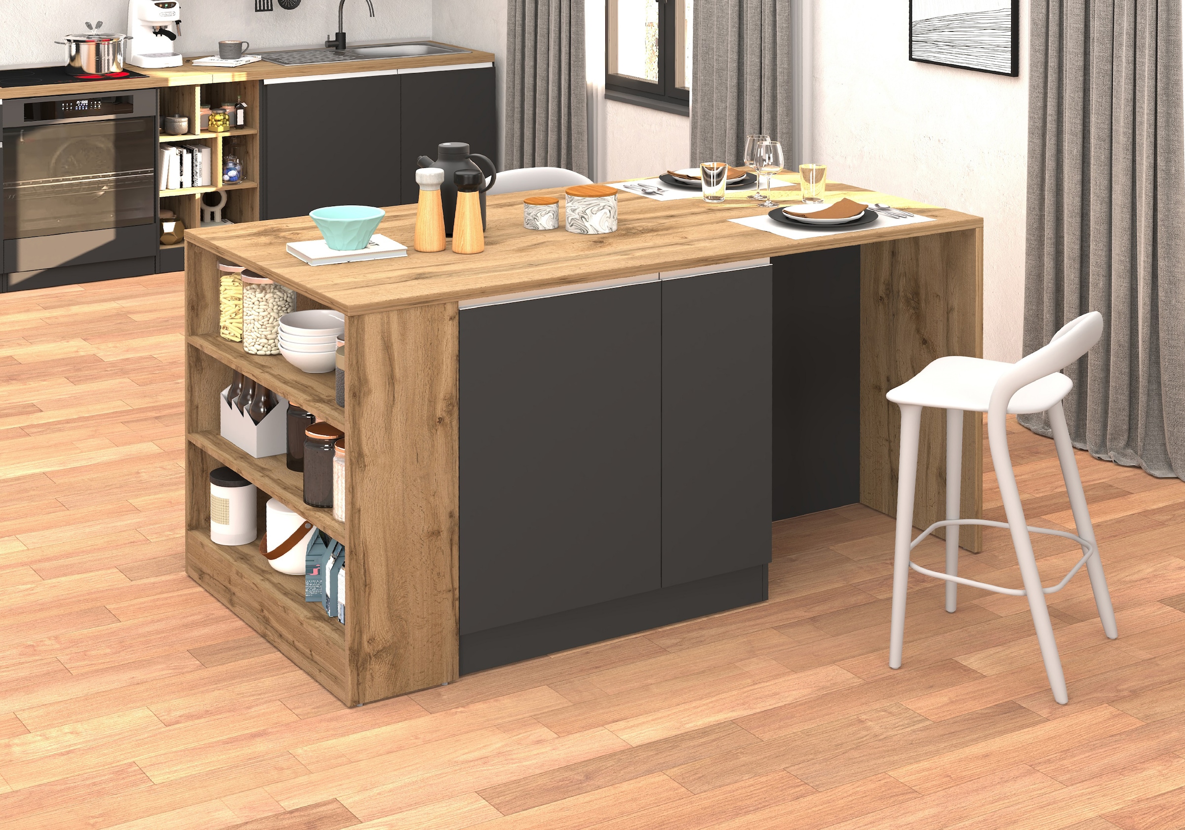 KOCHSTATION Ilot de cuisine »KS-Sole, Kochinsel, Küchenarbeitsblock, Arbeitsinsel, Made in Italy« Breite 167,5 cm, 2 Apothekerauszüge, 2 Essplätze, 1 offenes Regal