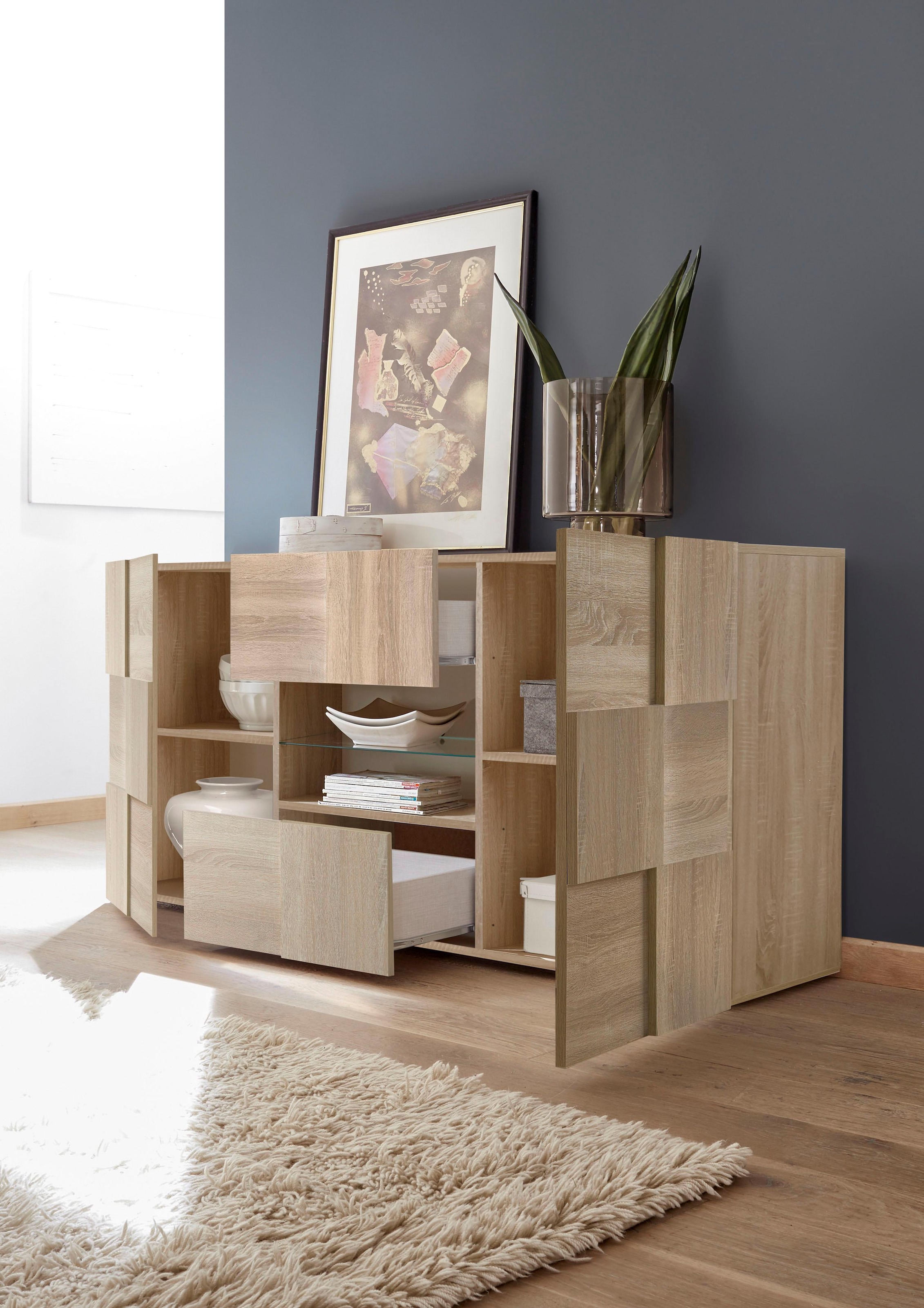 Home affaire Sideboard »Dama Breite 181, Kommode 2 Türen u. 2 Schubkästen, Anrichte« Front in 3D-Optik, viel Stauraum, verschiedene Farben
