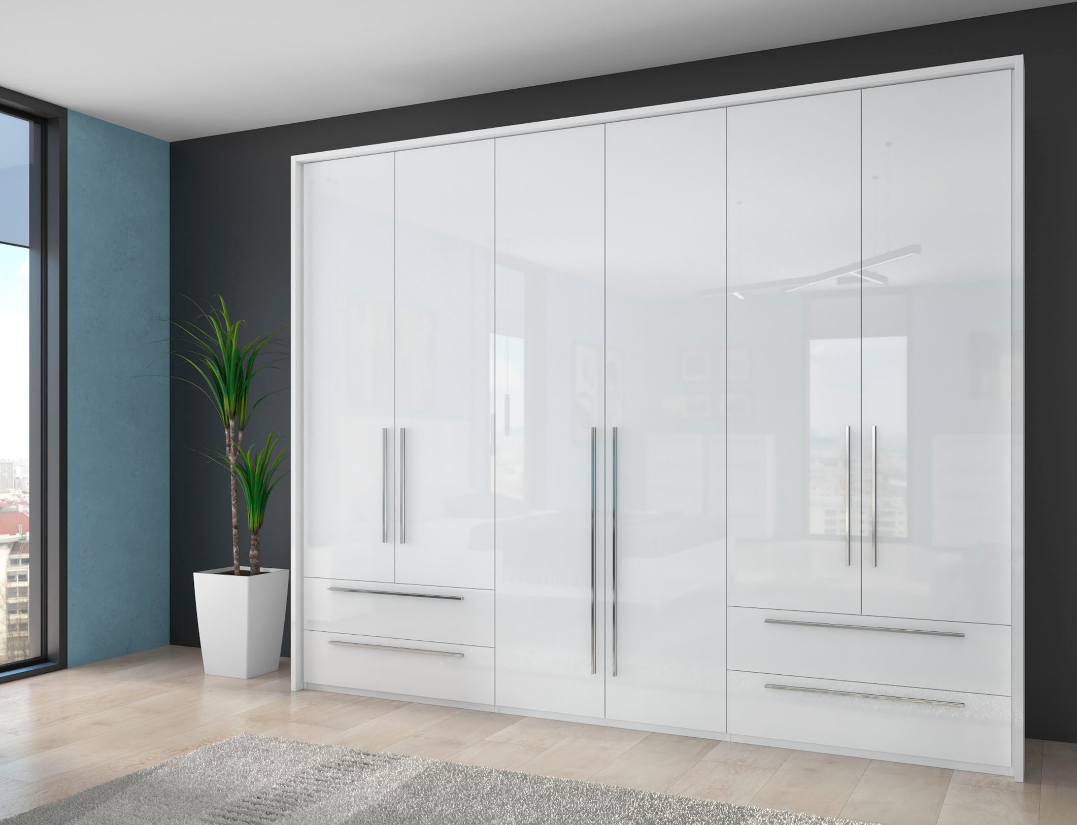 GOODproduct Drehtürenschrank »Piano, inklusive Rahmen und Beleuchtung, soft-close-Funktion« 277 oder 322cm breit, 226cm hoch, mit 4 Schubladen,  UV lackiert, hochglänzend weiss oder beige, FSC-zertifiziert