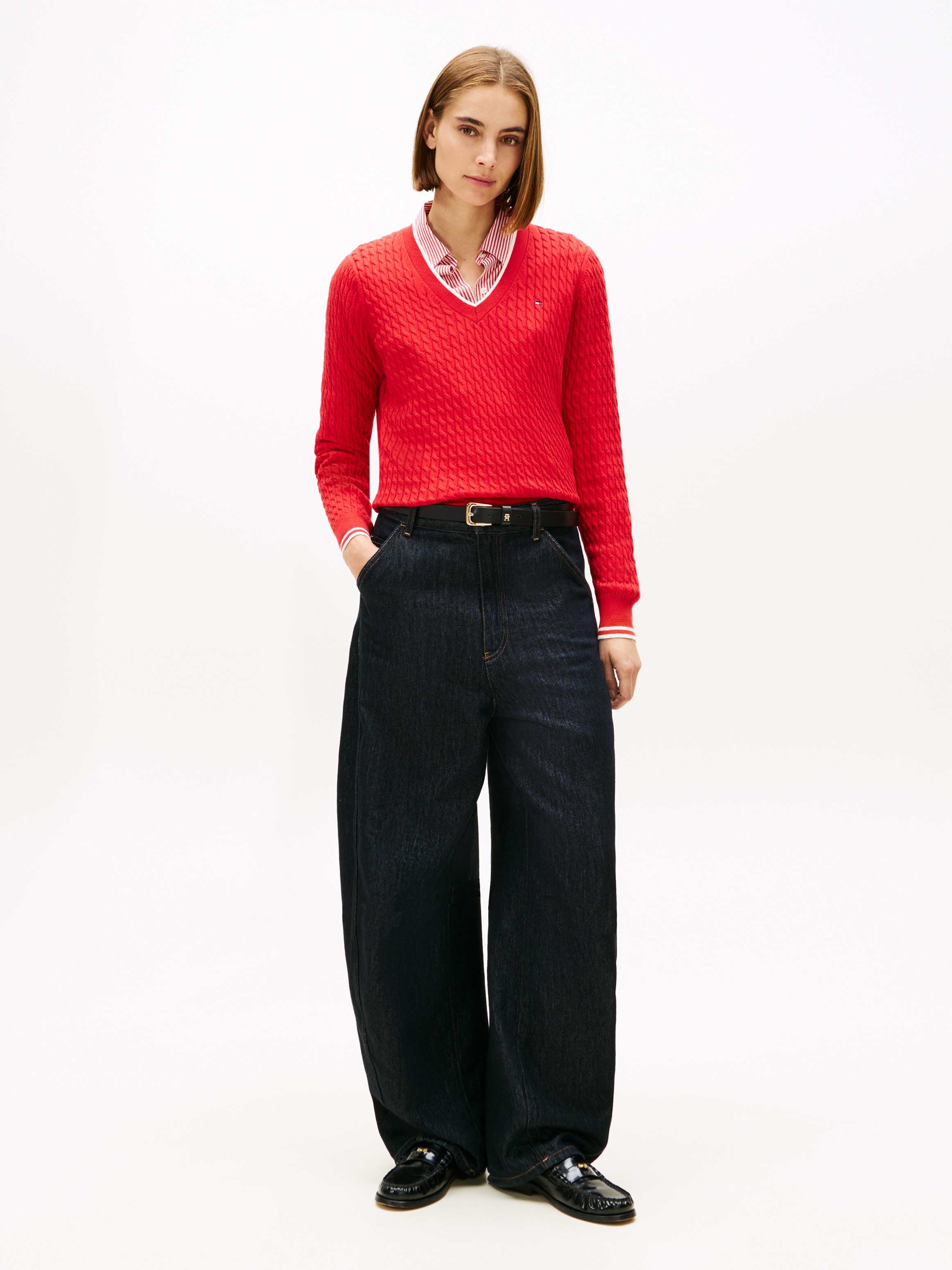 Tommy Hilfiger Pull col V »CO CABLE V-NK LS SWT« mit Zopfmuster, Logostickerei