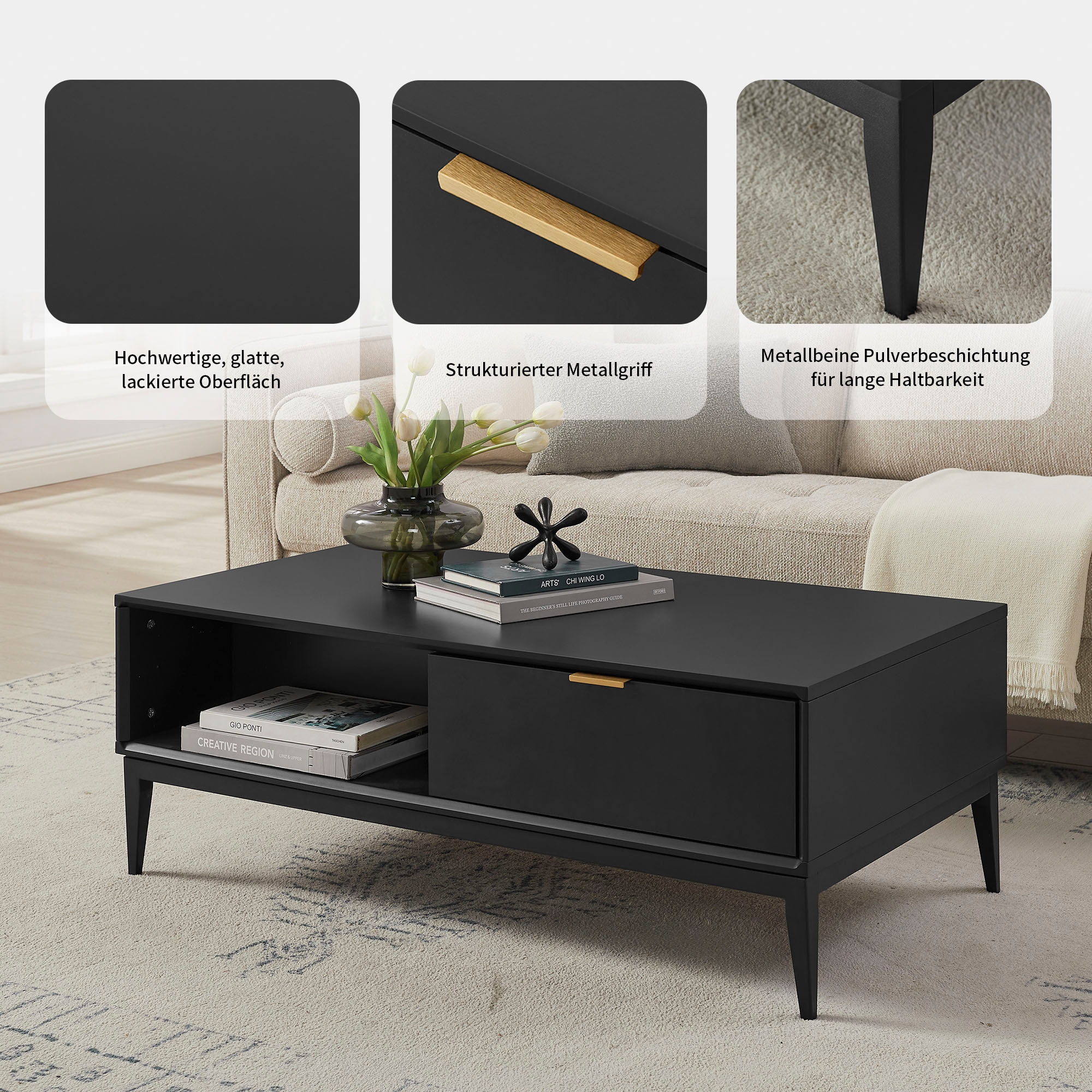 Leonique Couchtisch »Lavisha« Keramikplatte, Eisengestell und FSC-zertifiziertes Holz, Breite 110 cm