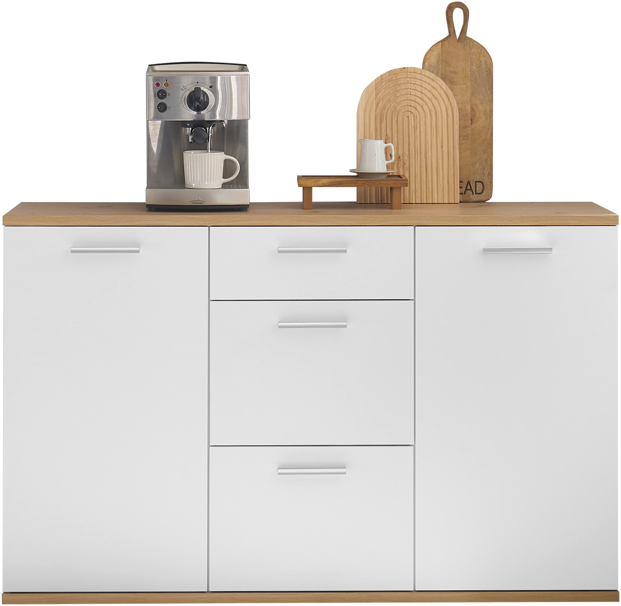 HBZ Kommode »BC1035 weiss matt, BxHxT 135x86x38 cm« Kommode mit 2 Türen, 3 Schubkästen, 2 Einlegeböden
