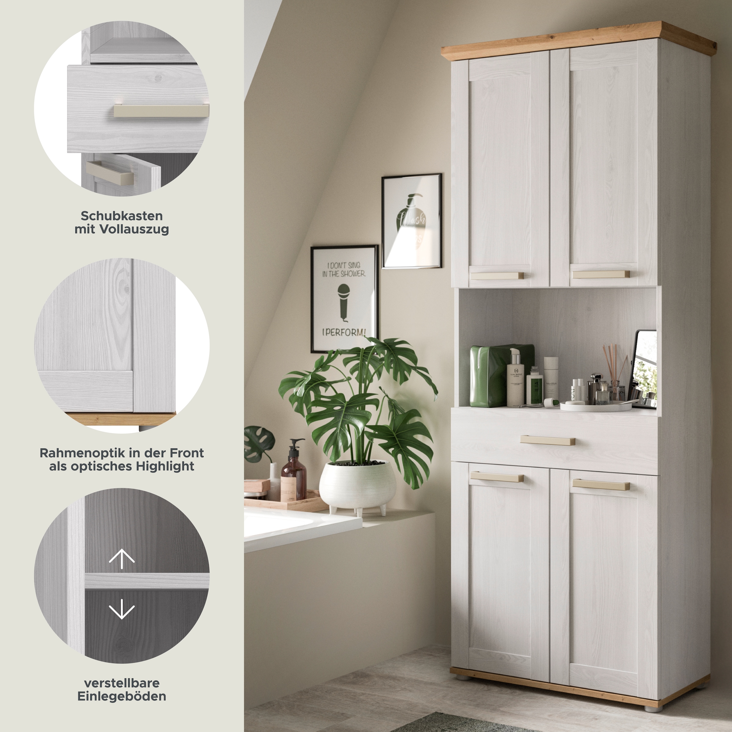 welltime Armoire haute »COSENZA, Höhe 187cm, 4 Türen, 1 Schubkasten, 1 offenes Fach« in Landhausoptik, mit weiteren Artikel der Serie kombinierbar, 1 cuis tlg. Hochschrank, Bad, Badezimmerschrank