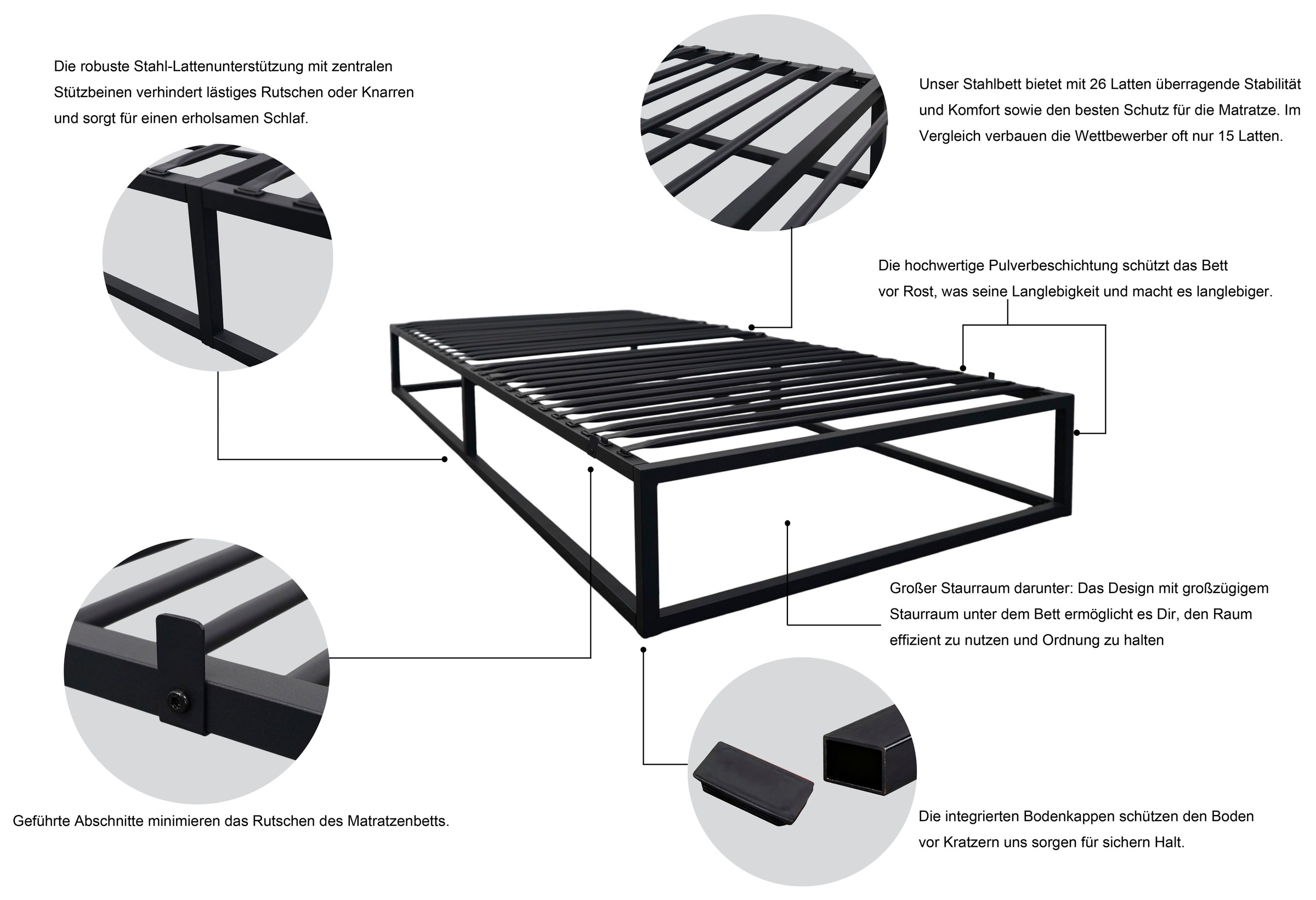 GOODproduct Lit en métal »Stockholm in 3 Breiten Bestseller Otto´s Choice« mit 26 Lattenrosten für den perfekten Schutz deiner Matratze,  Moderner Bettrahmen Bett Schlafzimmer Bettgestell Massiv