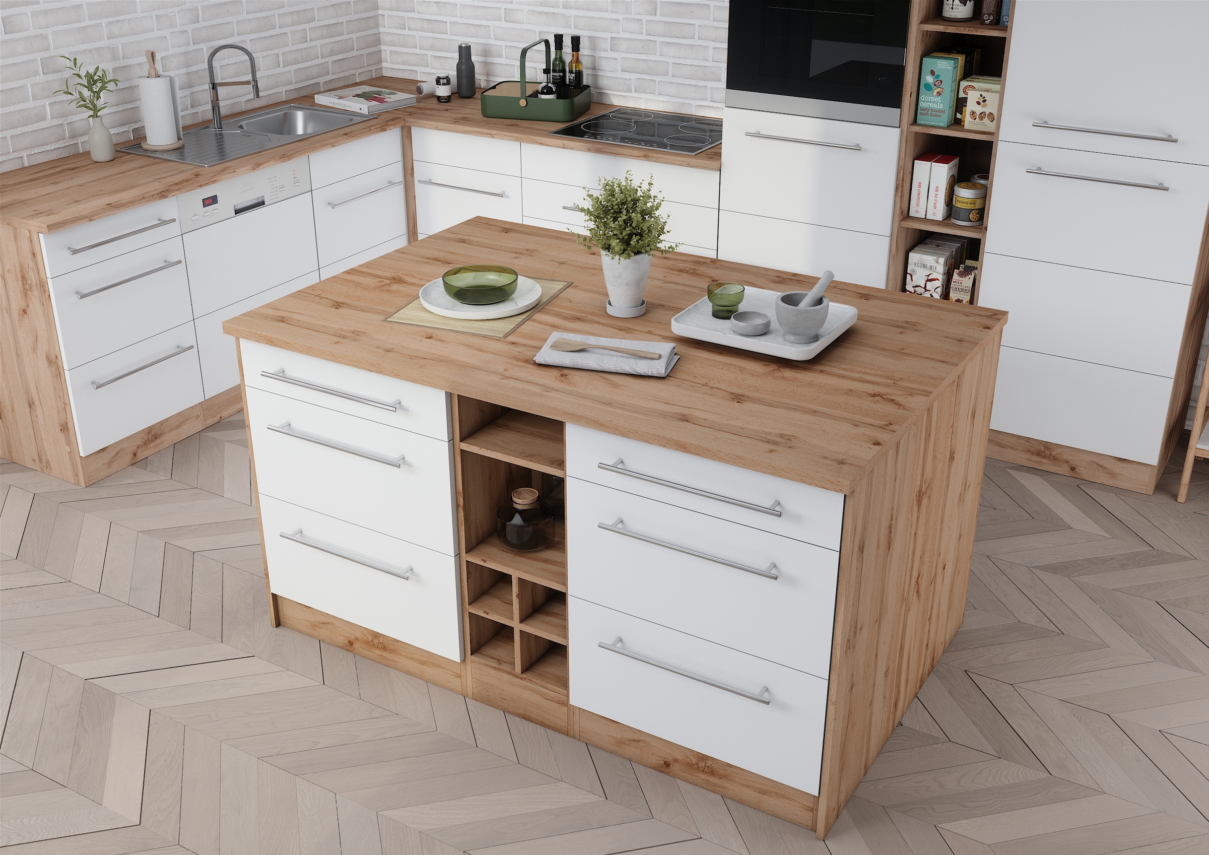 KOCHSTATION Ilot de cuisine »KS-Wien« largeur 153 cm, façades MDF, casier à bouteilles