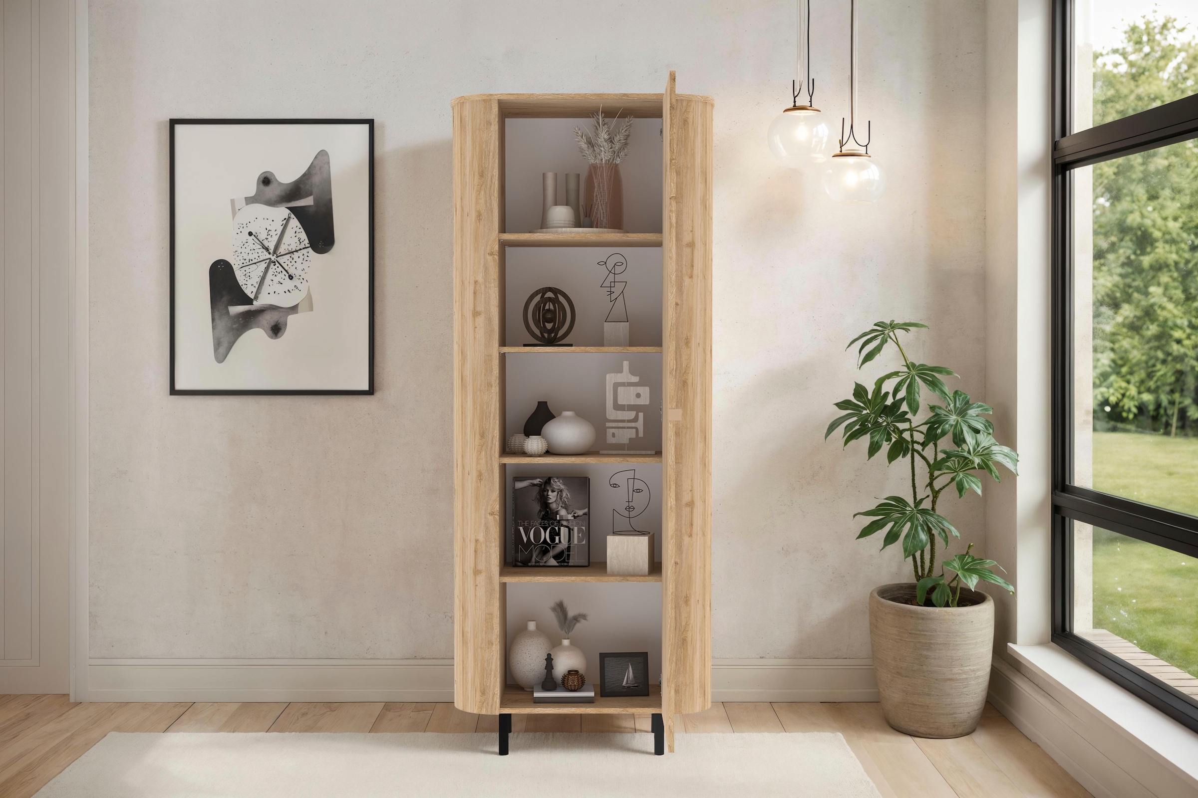 Home affaire Hochschrank »Murano, Stauraumschrank H 200 cm, B 80 cm, 1 Tür, Mehrzweckschrank« Formgebogenes MDF, Stirnseiten mit Rundung, Füsse und Griffe aus Metall