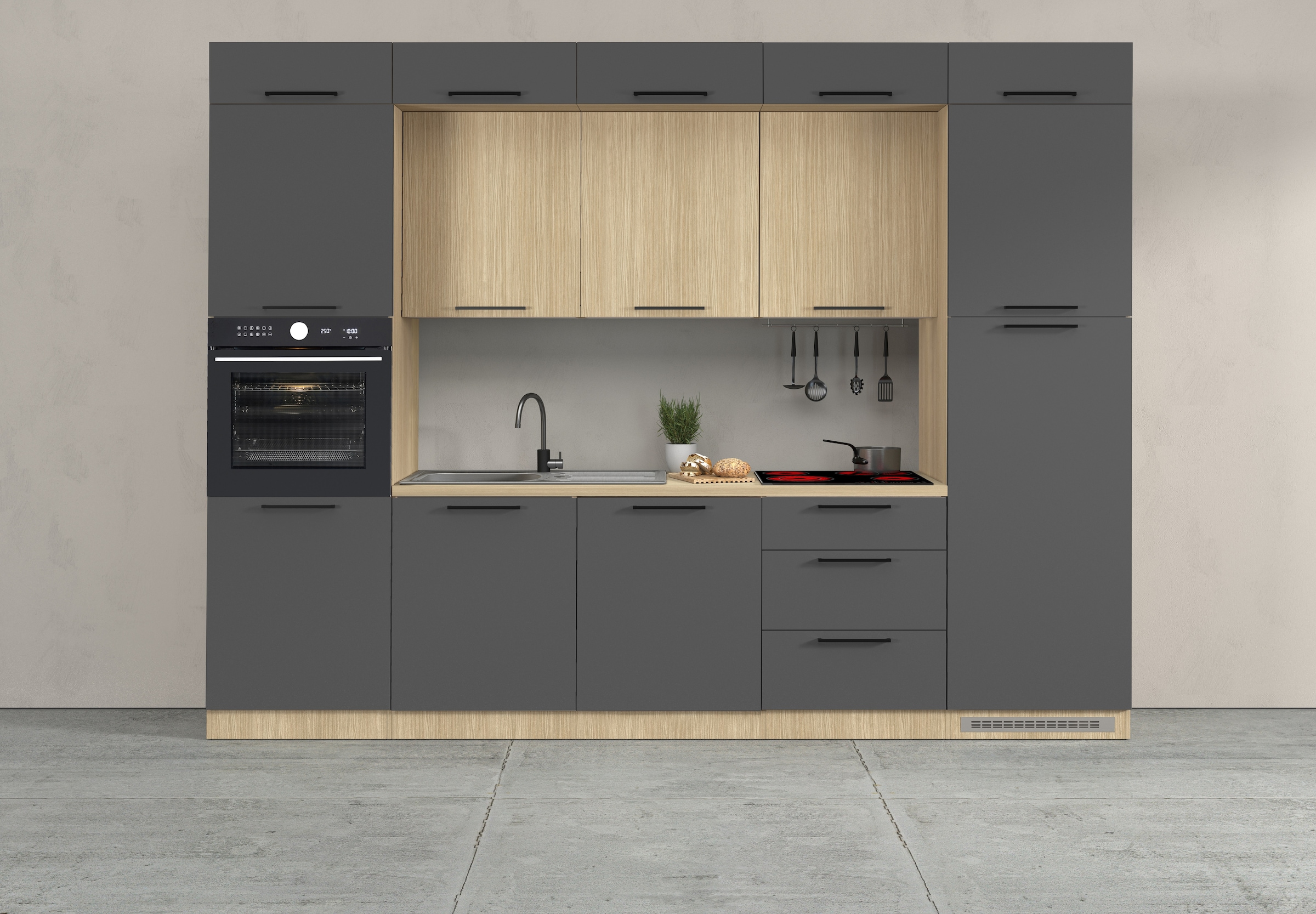 KOCHSTATION Kitchenette »Luna, Einbauküche, Zeilenküche, mit Soft-Close Funktion, Made in Italy« Breite 300 cm ohne E-Geräte, mit Spüle+Siphon und Aufsatz