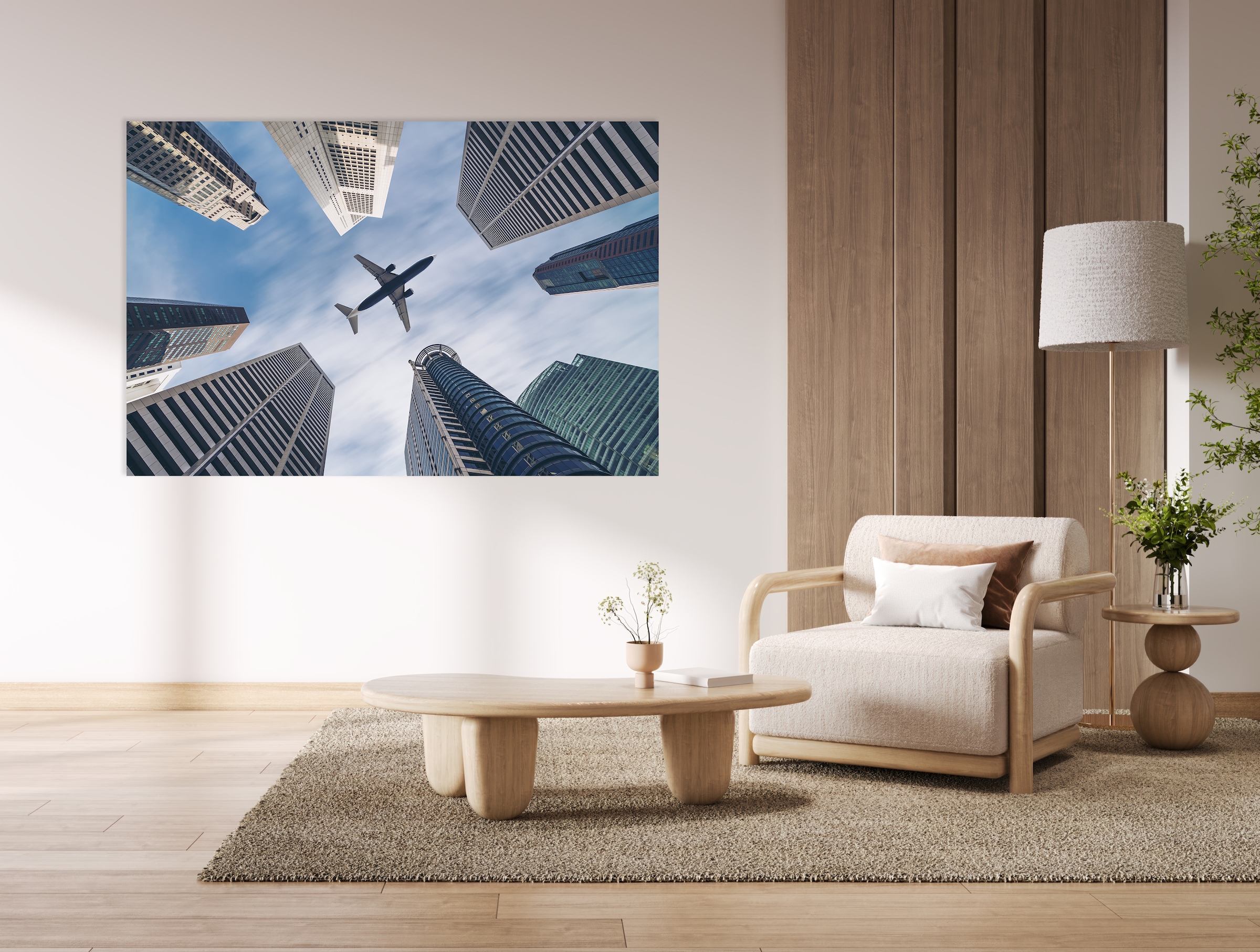 queence Tableau en verre acrylique »Flugzeug über Hochhäusern« 1 cuis tlg. avec effet de profondeur 3D flottant, grâce à la fixation sans cadre