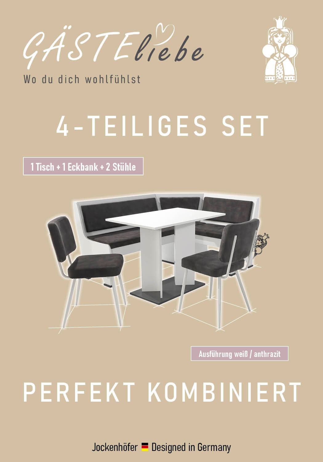 GOODproduct Eckbankgruppe »Theo (Set, 4-tlg. Tisch, Bank und 2 Stühle) 2 Farben wählbar« Bank links/rechts montierbar, mit Stauraum, Stühle im 2er Set