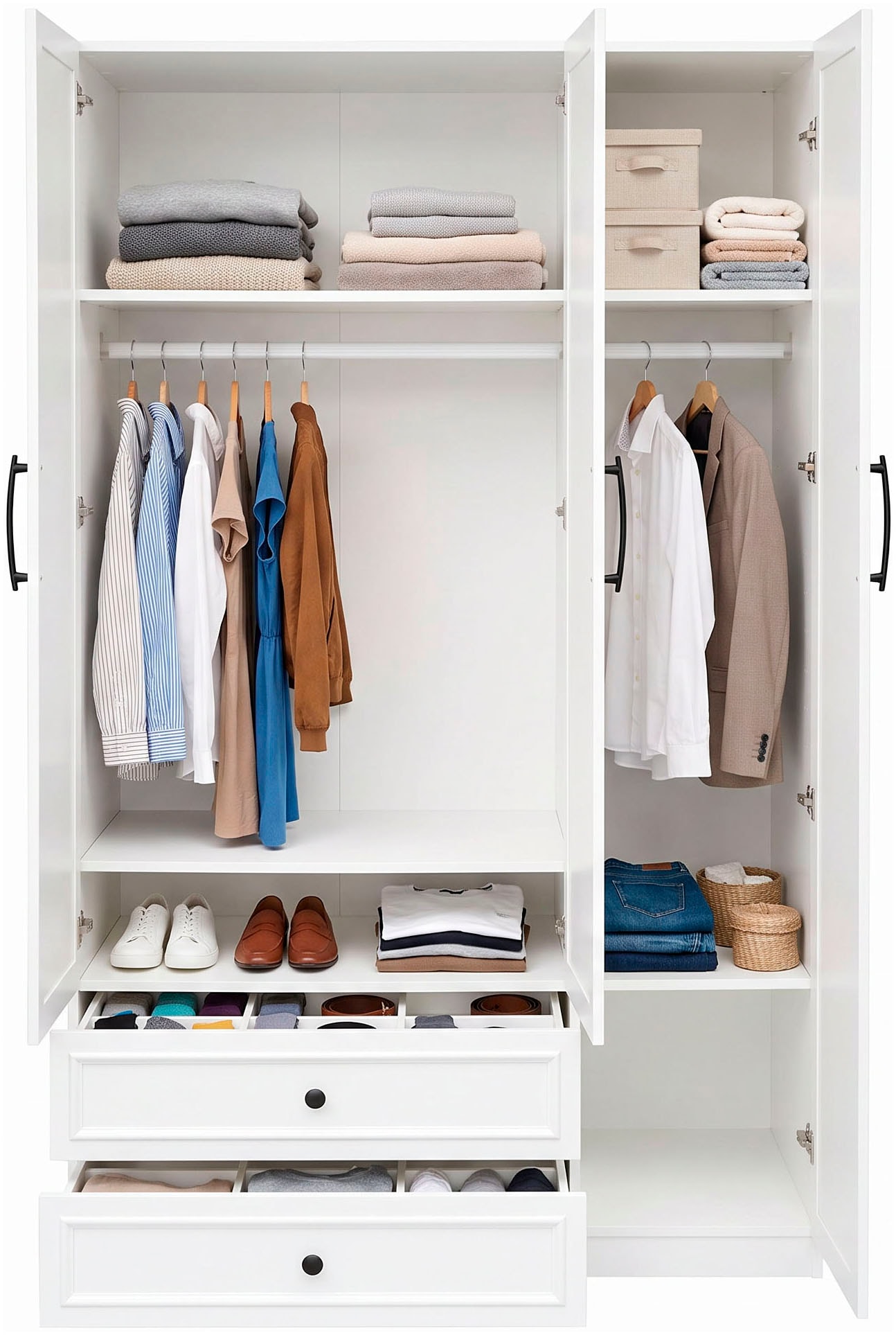 GOODproduct Kleiderschrank »Arrian 120 cm Weiss | 3-türiger Drehtürenschrank im Landhausstil« Zeitloses Landhausdesign trifft auf durchdachte Stauraumlösungen