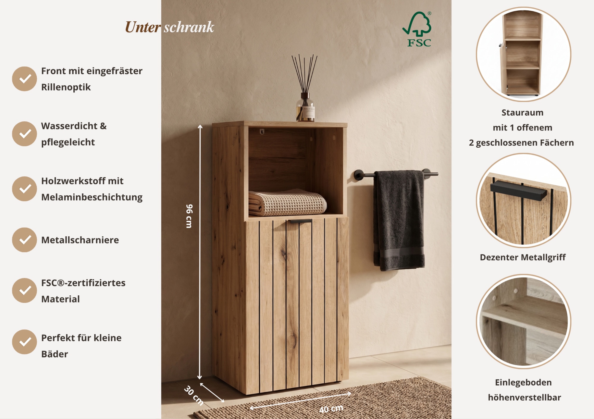 GOODproduct Unterschrank »Baltrum« Breite 40 cm dekorative Lamellenoptik